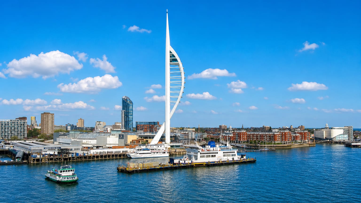 The Spinnaker Tower rises above Portsmouth Harbour with ferries and waterfront buildings.