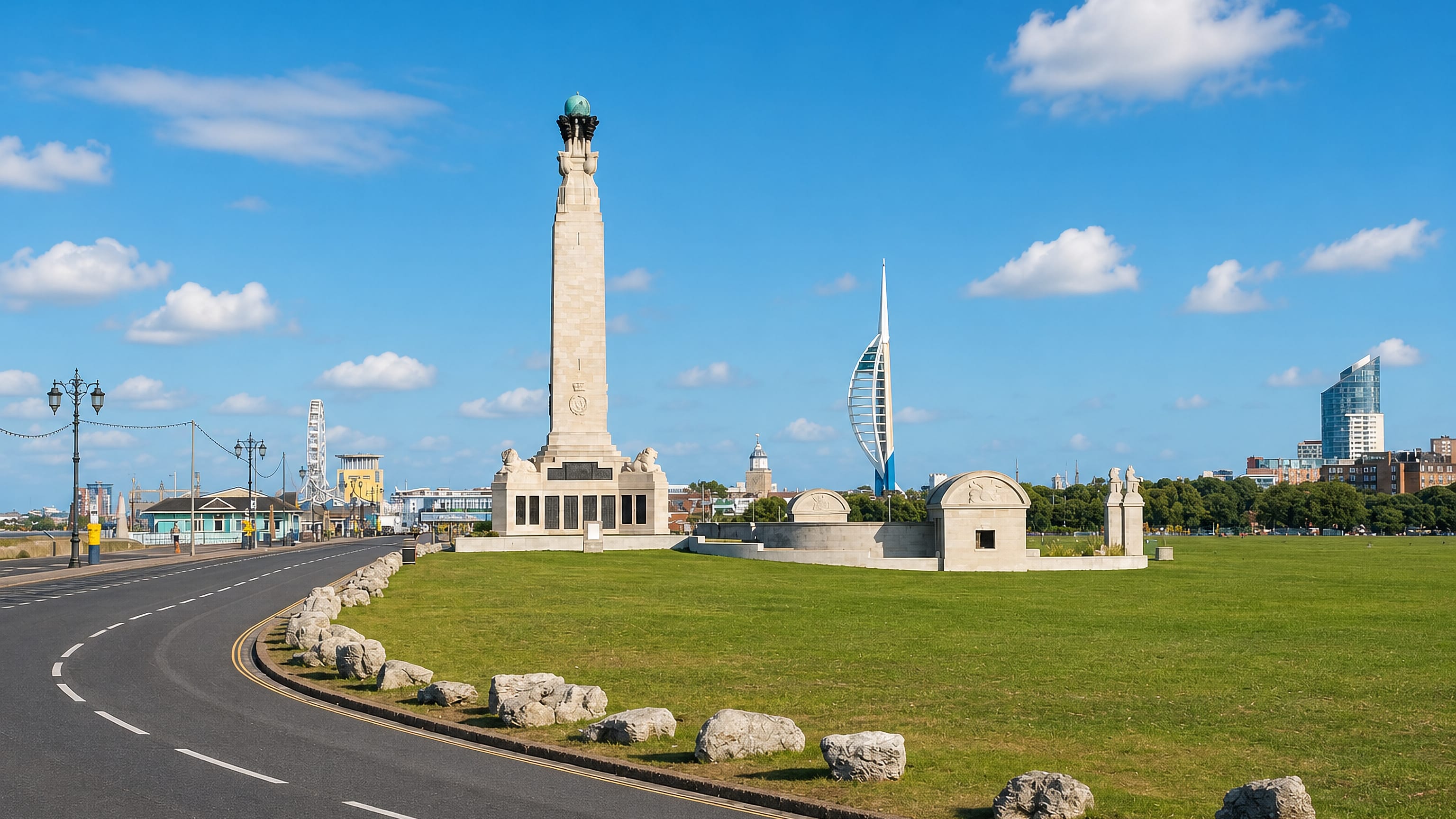 Portsmouth Naval Memorial on Southsea Common with the Spinnaker Tower and seafront beyond
