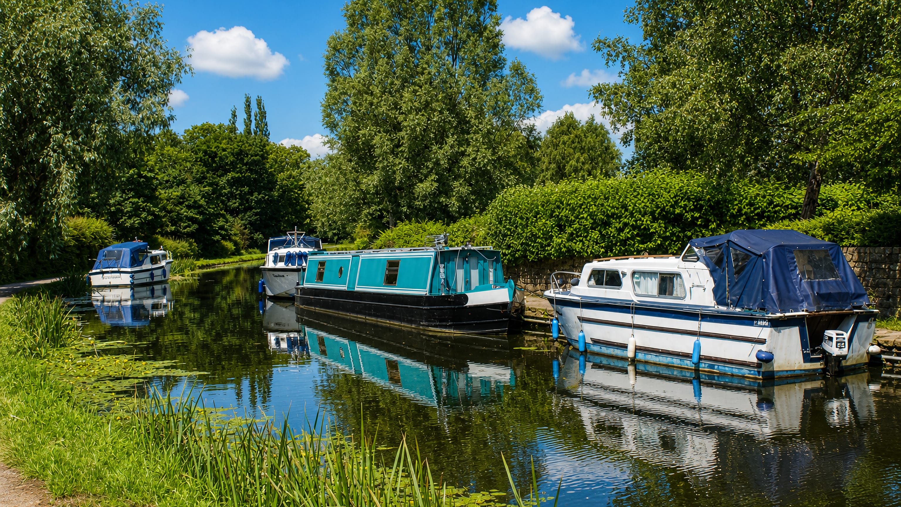 Narrowboats moored on the tree-lined Lancaster Canal at Ashton-on-Ribble, Preston.