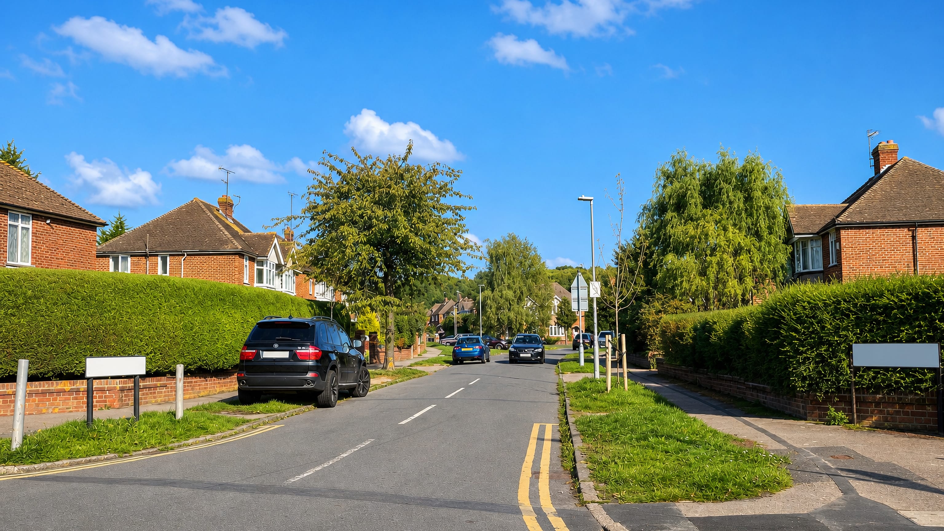 Hedge-lined suburban street with brick houses in Whitley Wood, Reading.