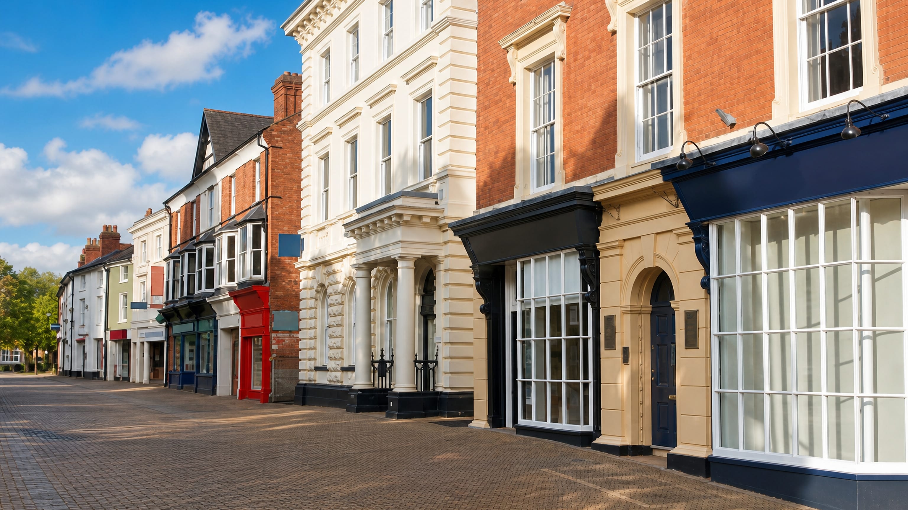 Sunlit pedestrianised high street of Georgian and red-brick shopfronts in Redditch, England
