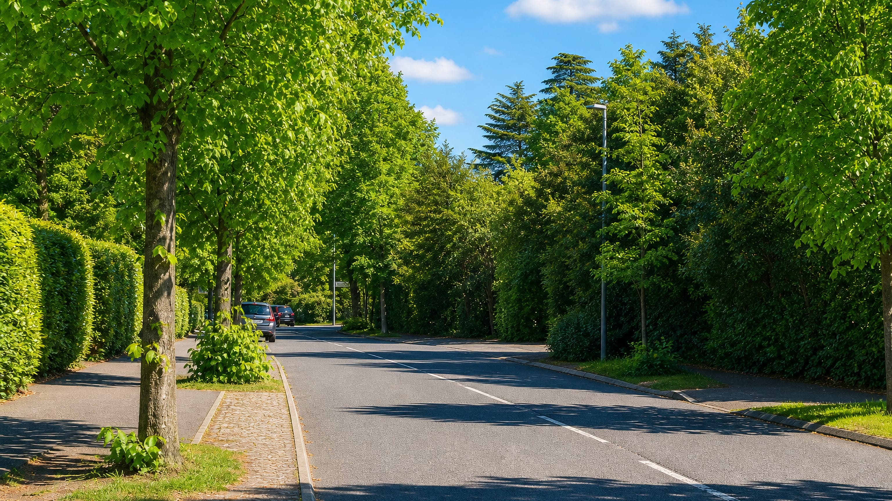 Leafy avenue lined with tall clipped hedges and mature trees in Broadwater Down, Royal Tunbridge Wells
