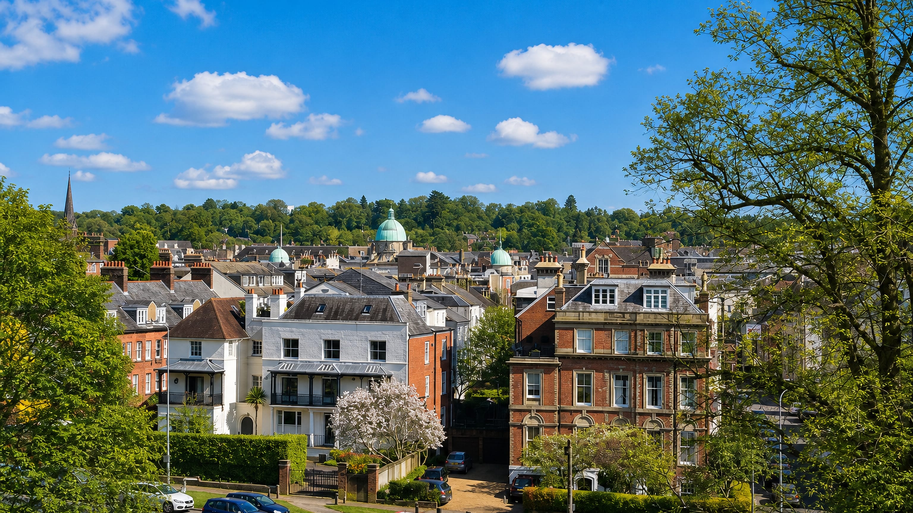 Royal Tunbridge Wells rooftops with the green Opera House dome, Victorian villas and a wooded ridge.