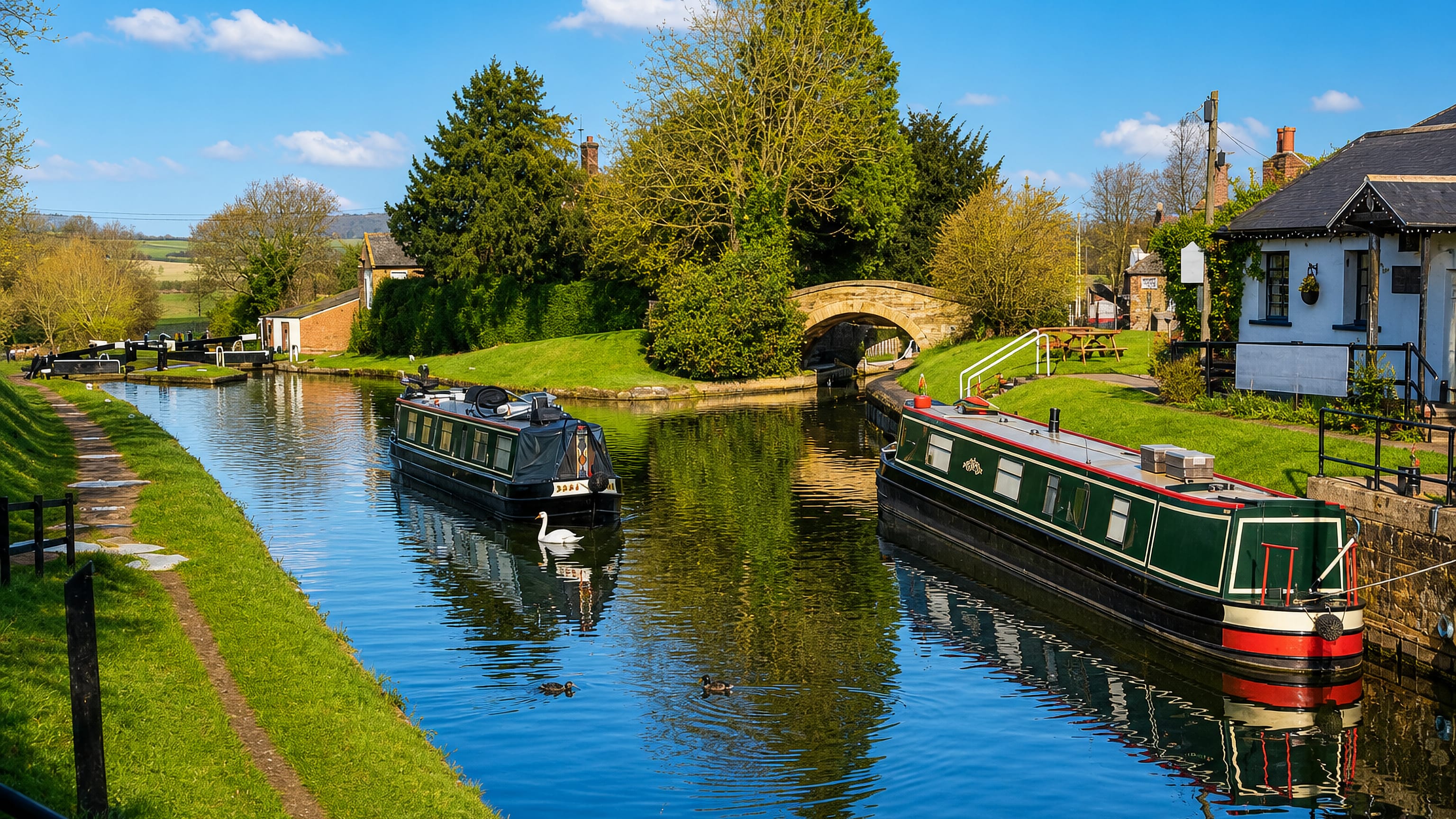 Narrowboats moored beside the Oxford Canal locks at Hillmorton, Rugby, with a brick lock cottage and bridge