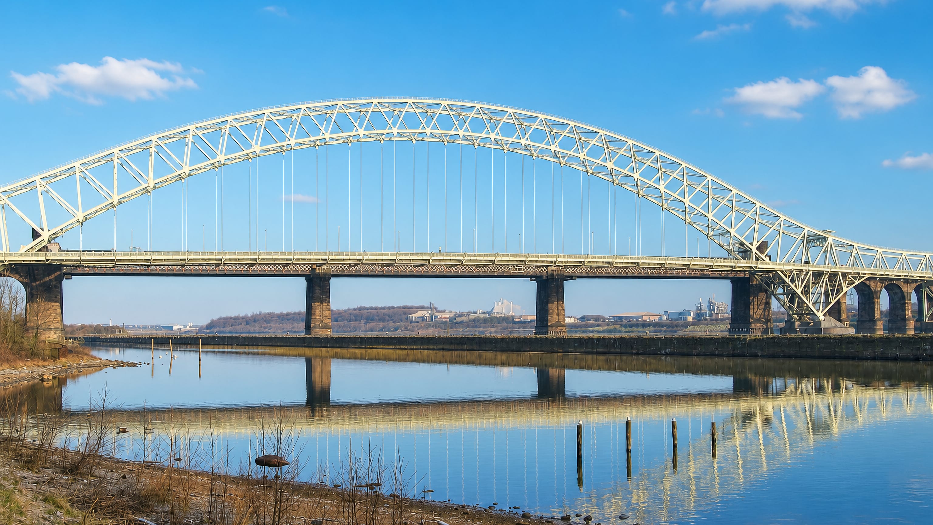 The Silver Jubilee Bridge arching over the Mersey beside the railway viaduct at Runcorn, Cheshire.