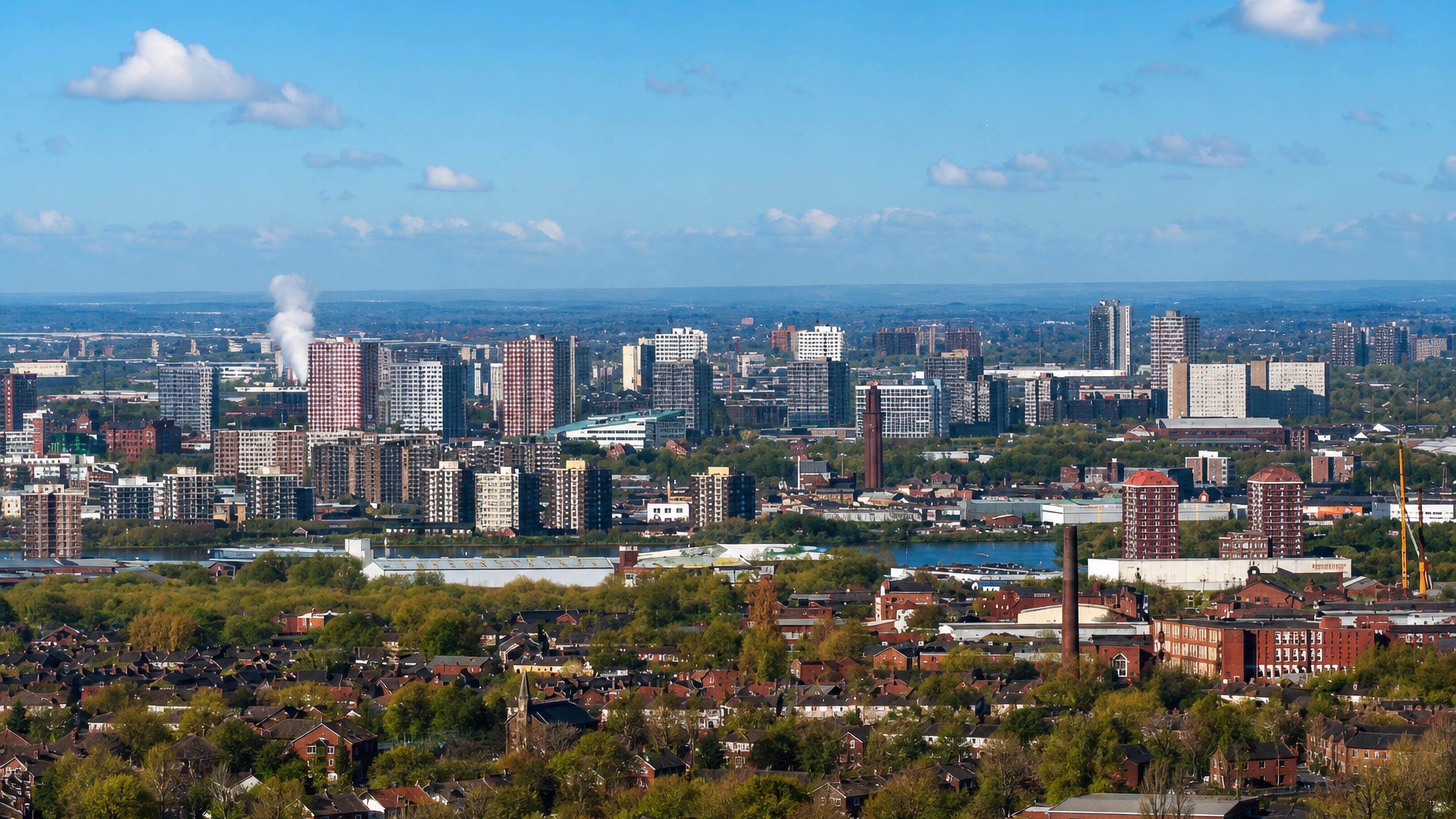 Aerial view over Salford, England, with red-brick terraces, mill chimneys, tower blocks and a waterway