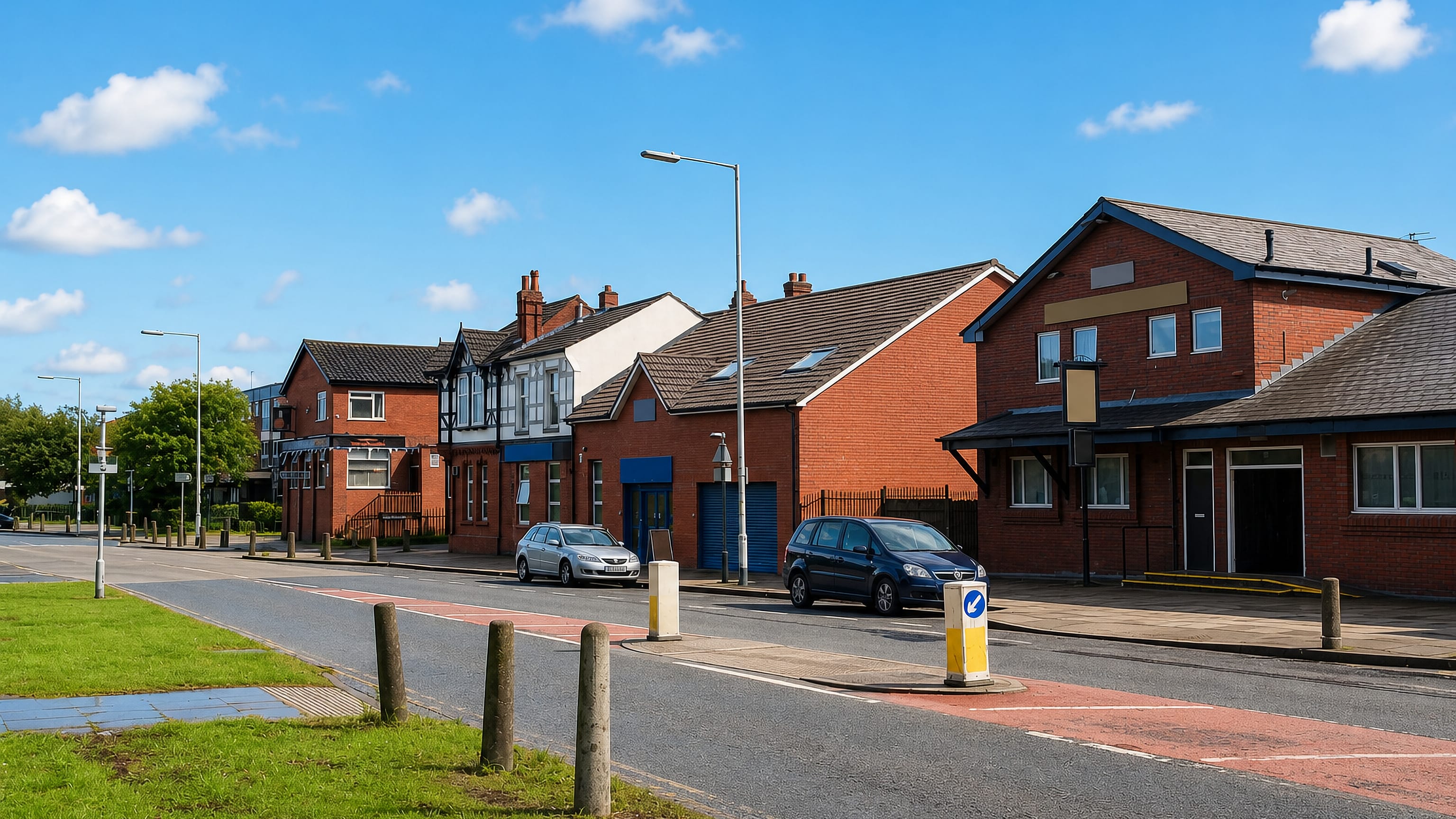 Red-brick houses and shops along the main road through Irlams o' th' Height, Salford.