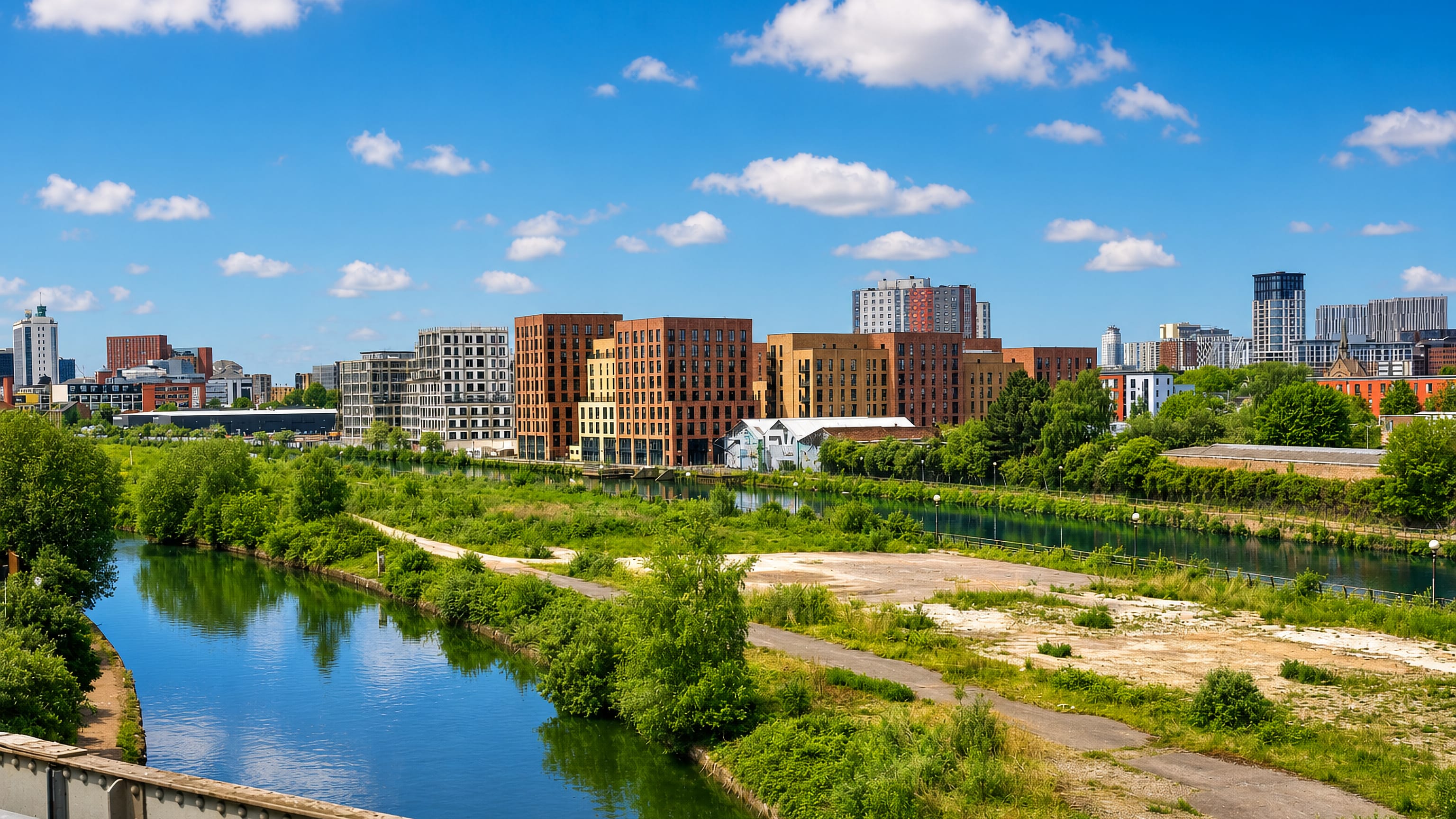 Riverside apartment blocks in Ordsall, Salford, with the Manchester skyline rising beyond the water.