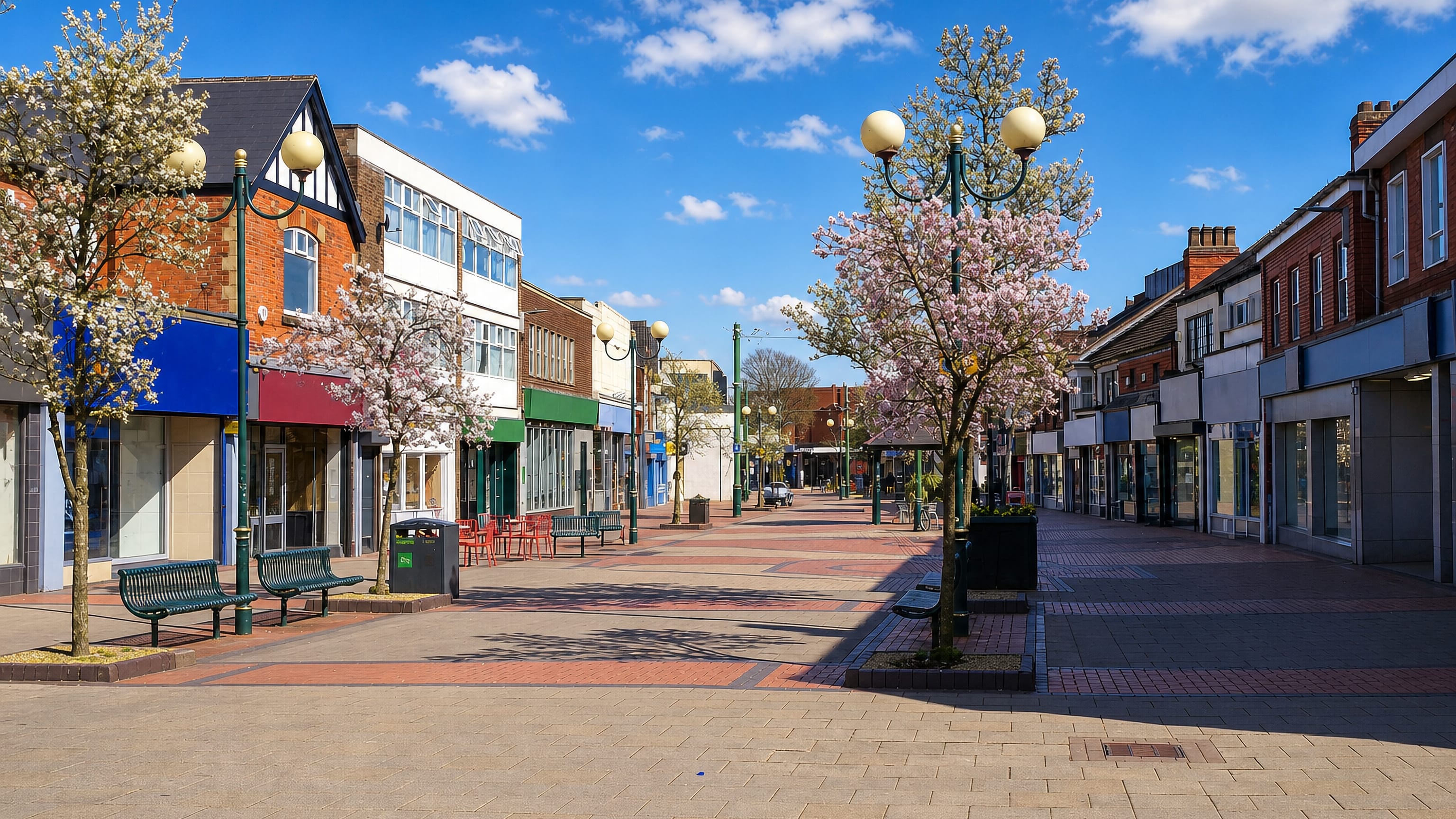 Scunthorpe's pedestrianised high street in England, with blossom trees, benches and brick shopfronts.