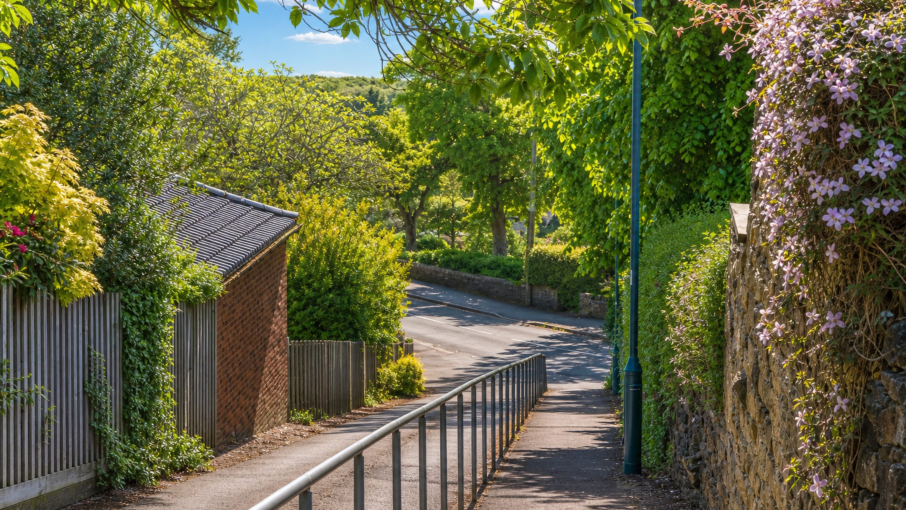 Leafy lane and flower-covered stone wall descending through the Brincliffe suburb of Sheffield.