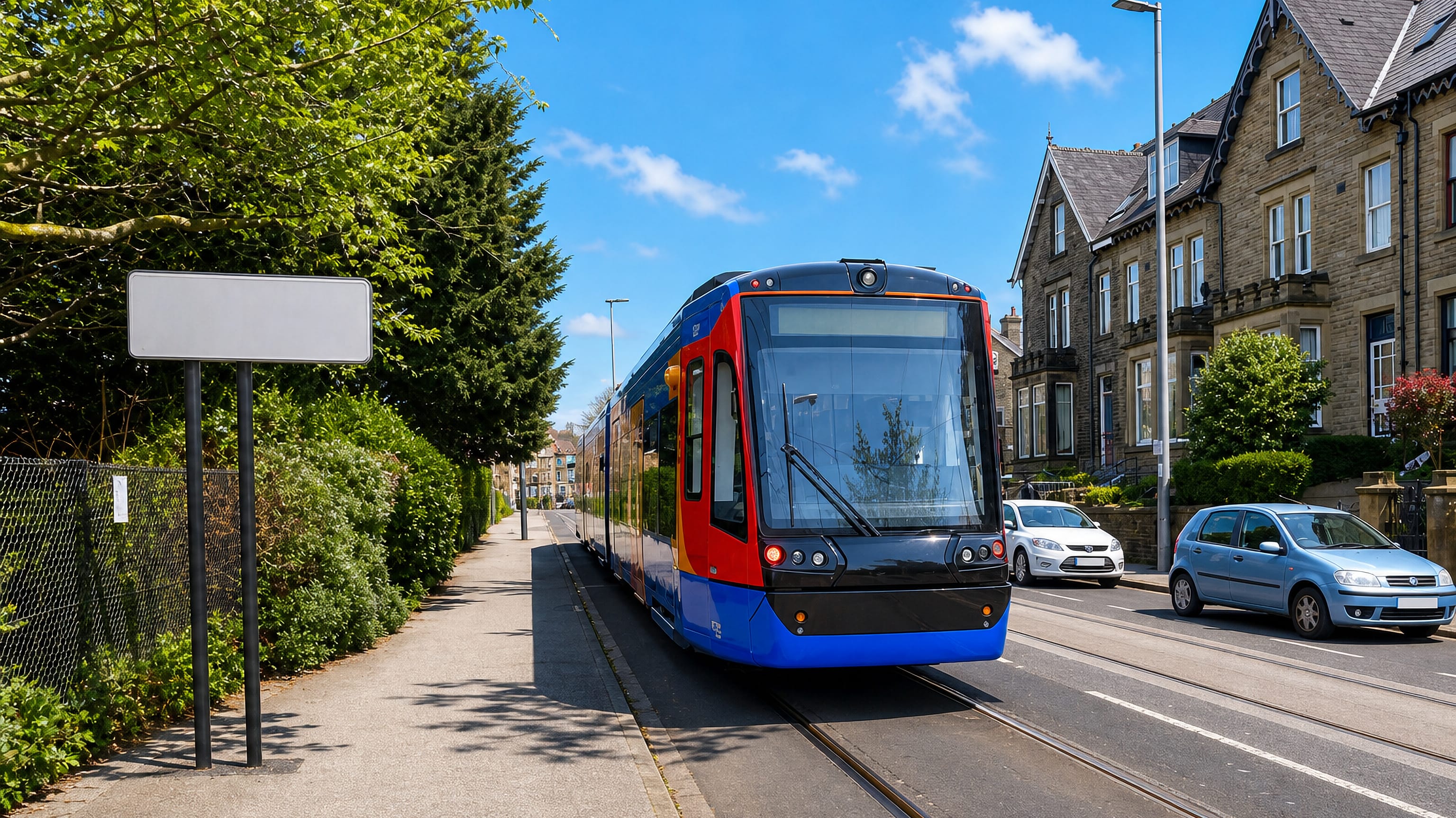 A Supertram running past stone Victorian terraces on a sunlit street in Hillsborough, Sheffield.