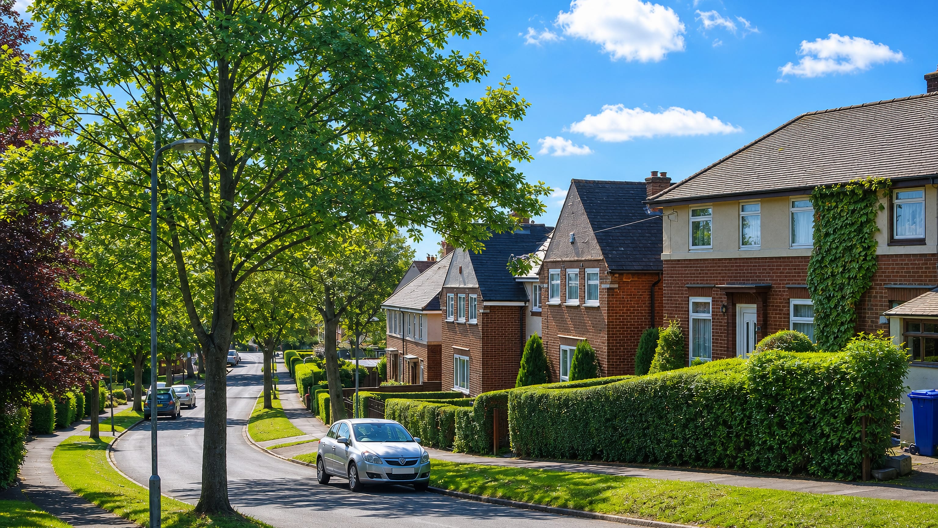 Leafy street of brick semi-detached houses and clipped hedges in Longley, Sheffield