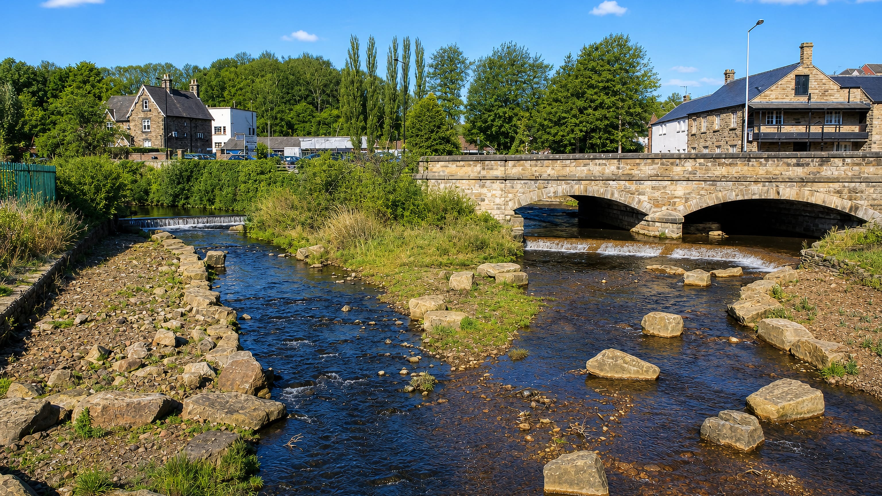 Stone arch bridge and weirs on the shallow river at Malinbridge, Sheffield, with stone houses along the bank.