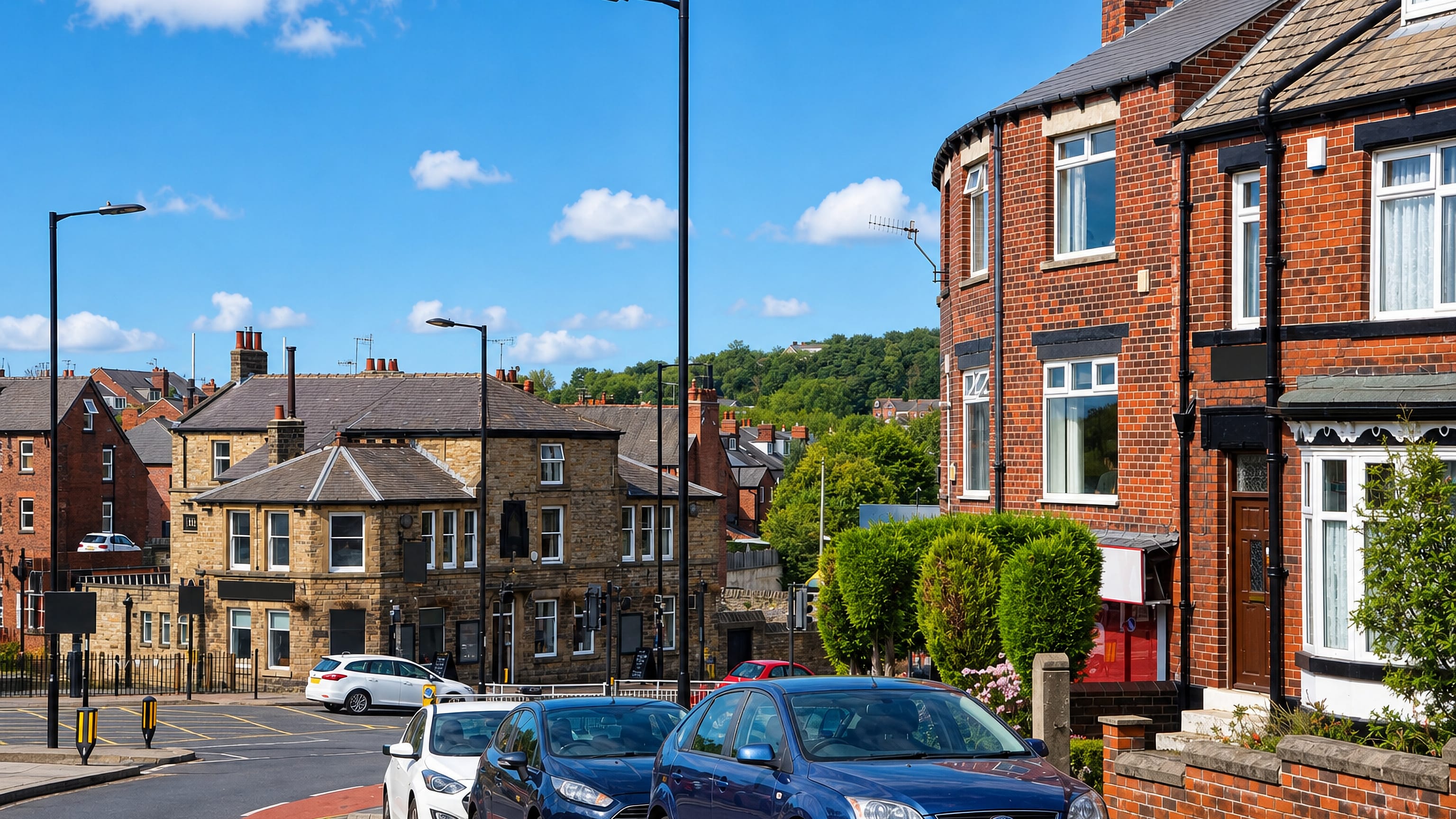 Stone pub and red-brick houses at a road junction in Meadow Head, Sheffield, with wooded hills behind.