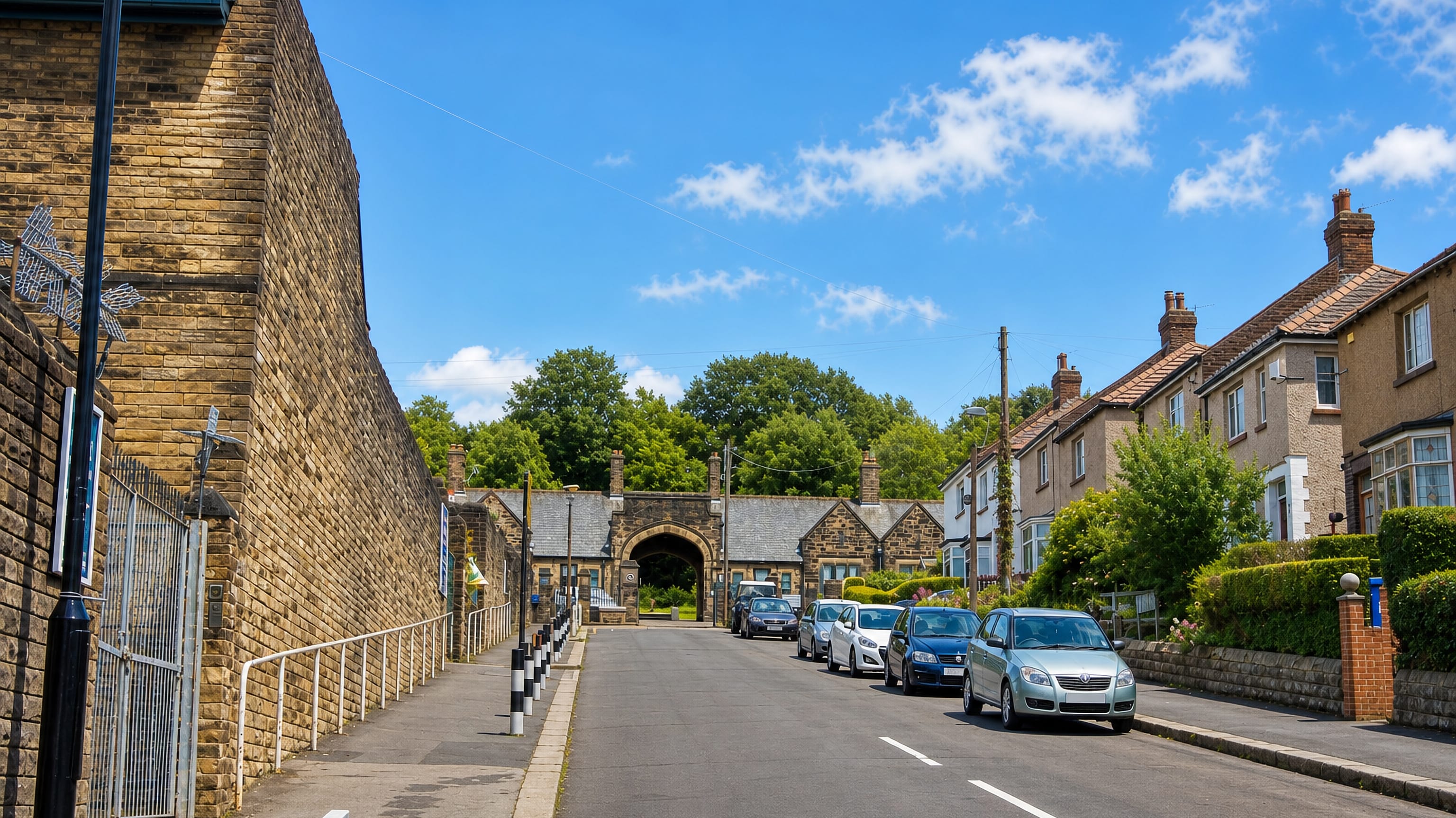 Stone terraces sloping to an arched gateway in Meersbrook, Sheffield.