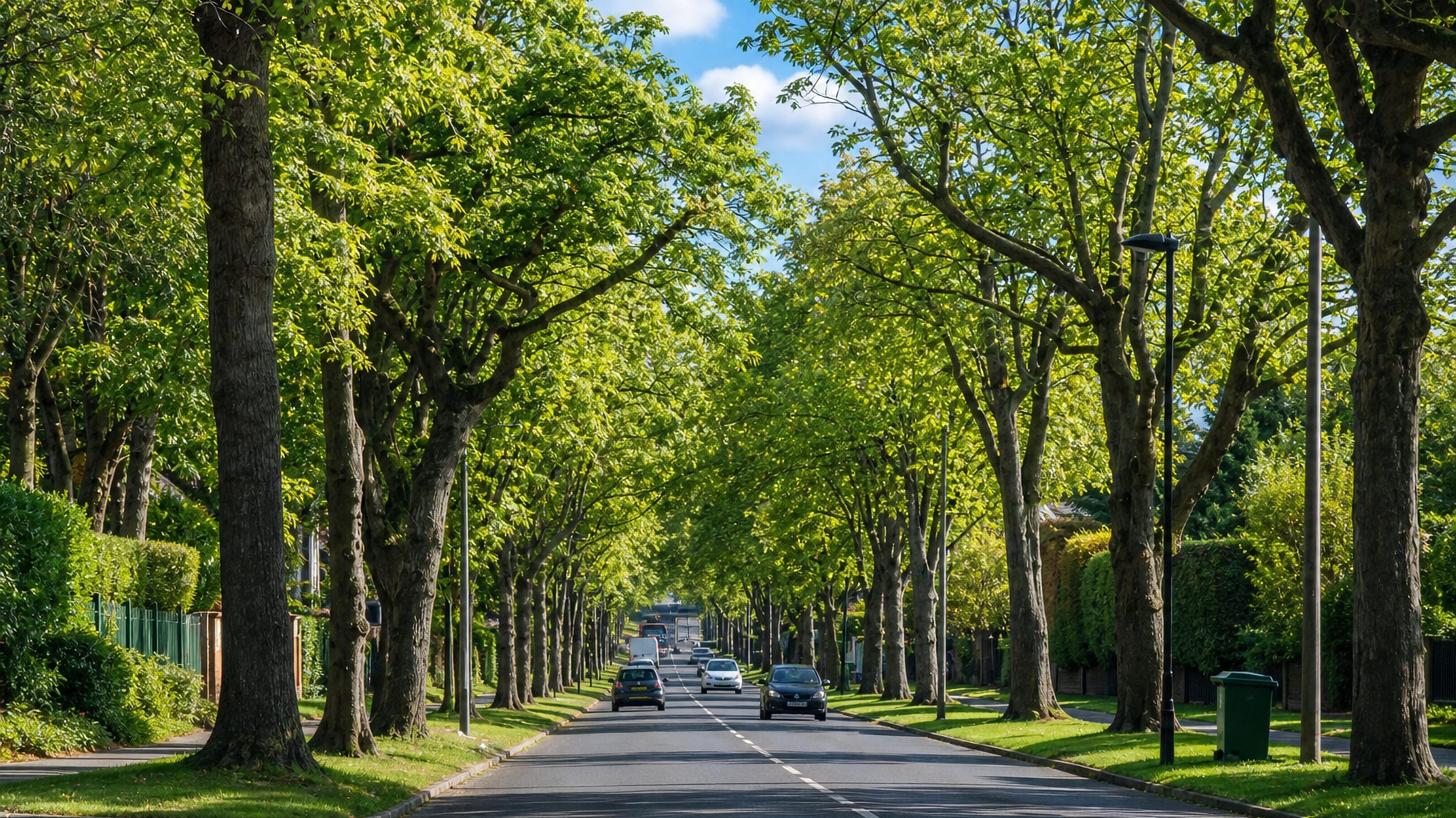 Tree-lined avenue with clipped hedges and grass verges through the leafy suburb of Whirlow, Sheffield.