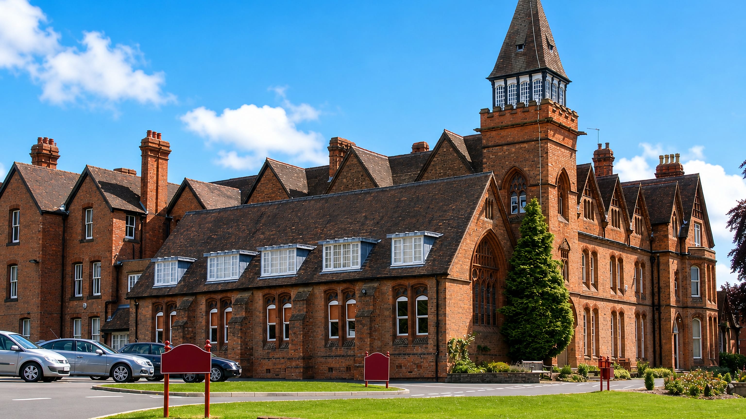 Victorian red-brick school building with a spired tower and lawns in Solihull, England.