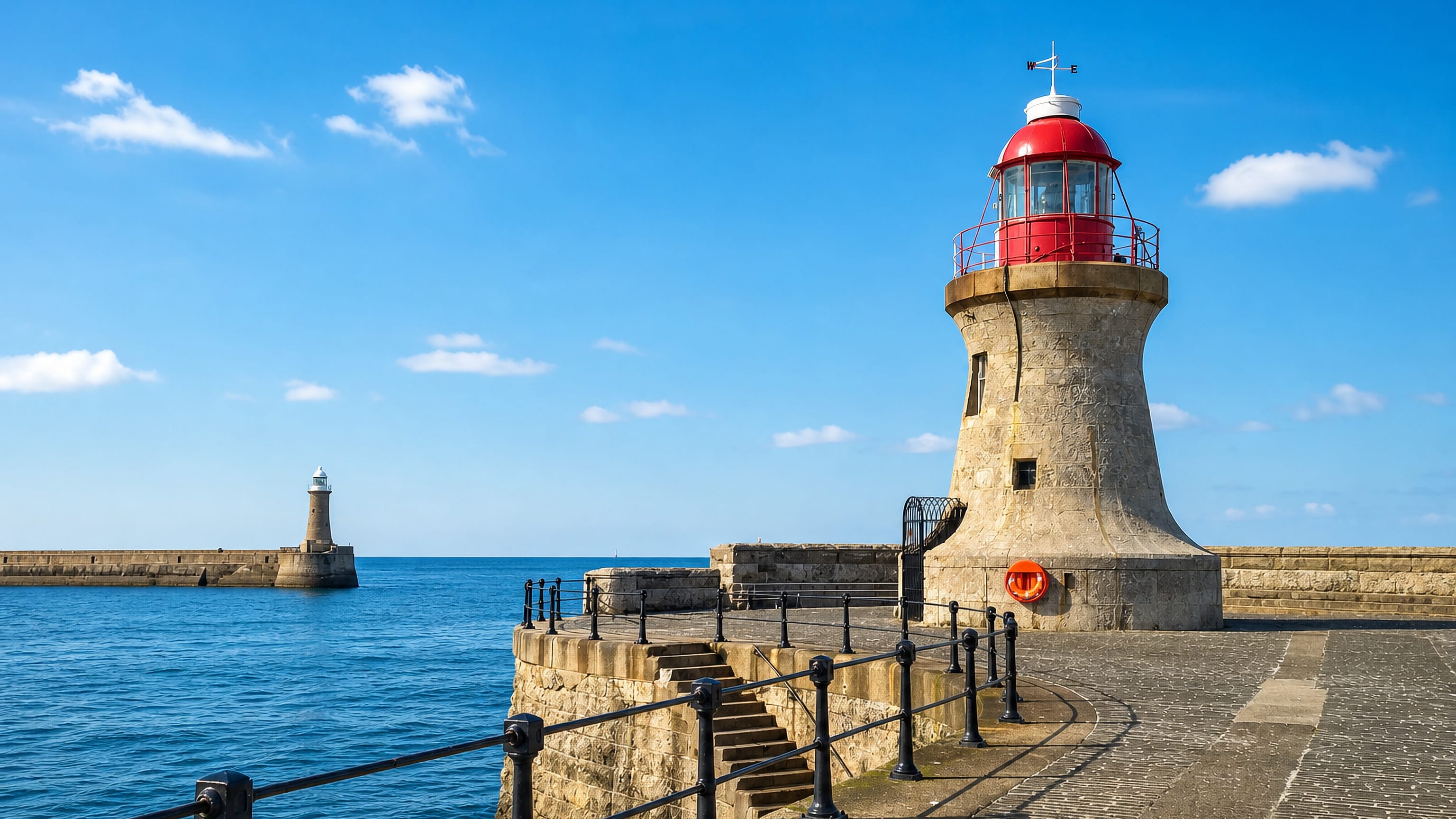 South Shields pier lighthouse at the mouth of the Tyne, with Tynemouth's north pier light across the water.