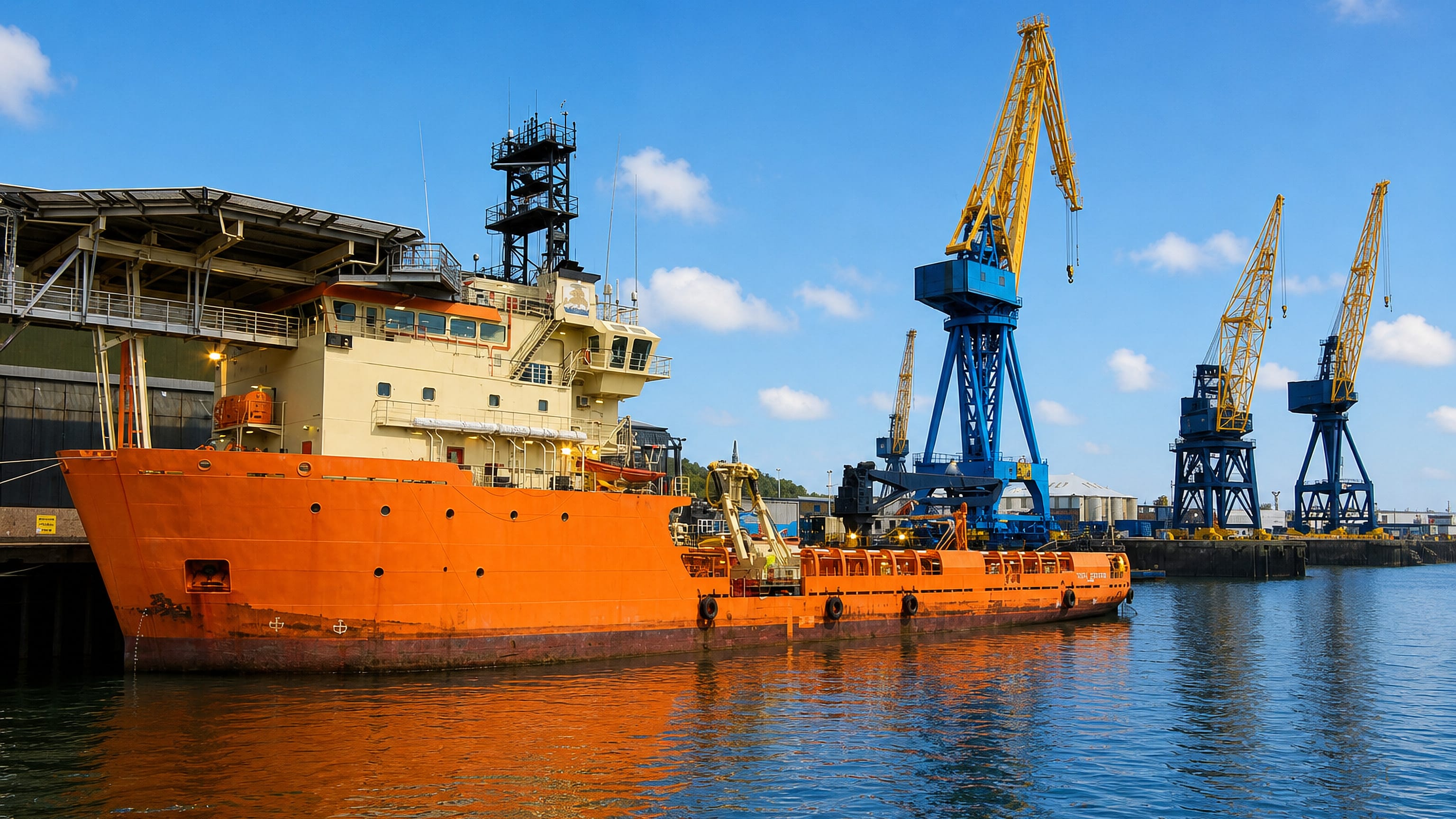 A supply ship and quayside cranes at Tyne Dock, South Shields, on the River Tyne.