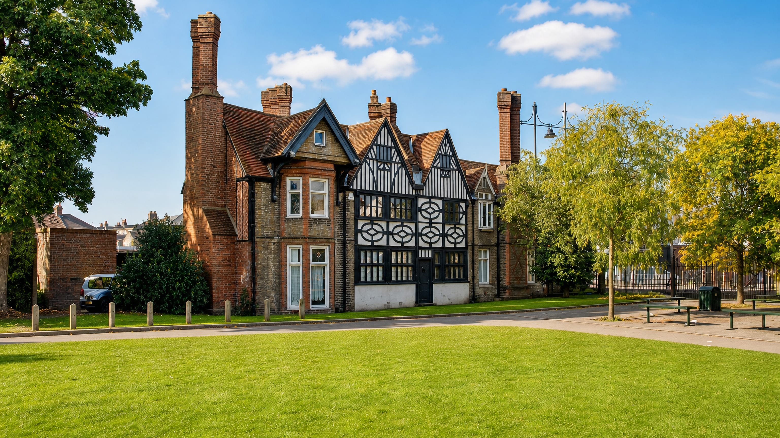 The timber-framed Manor House and its lawn on Southall Green in west London.