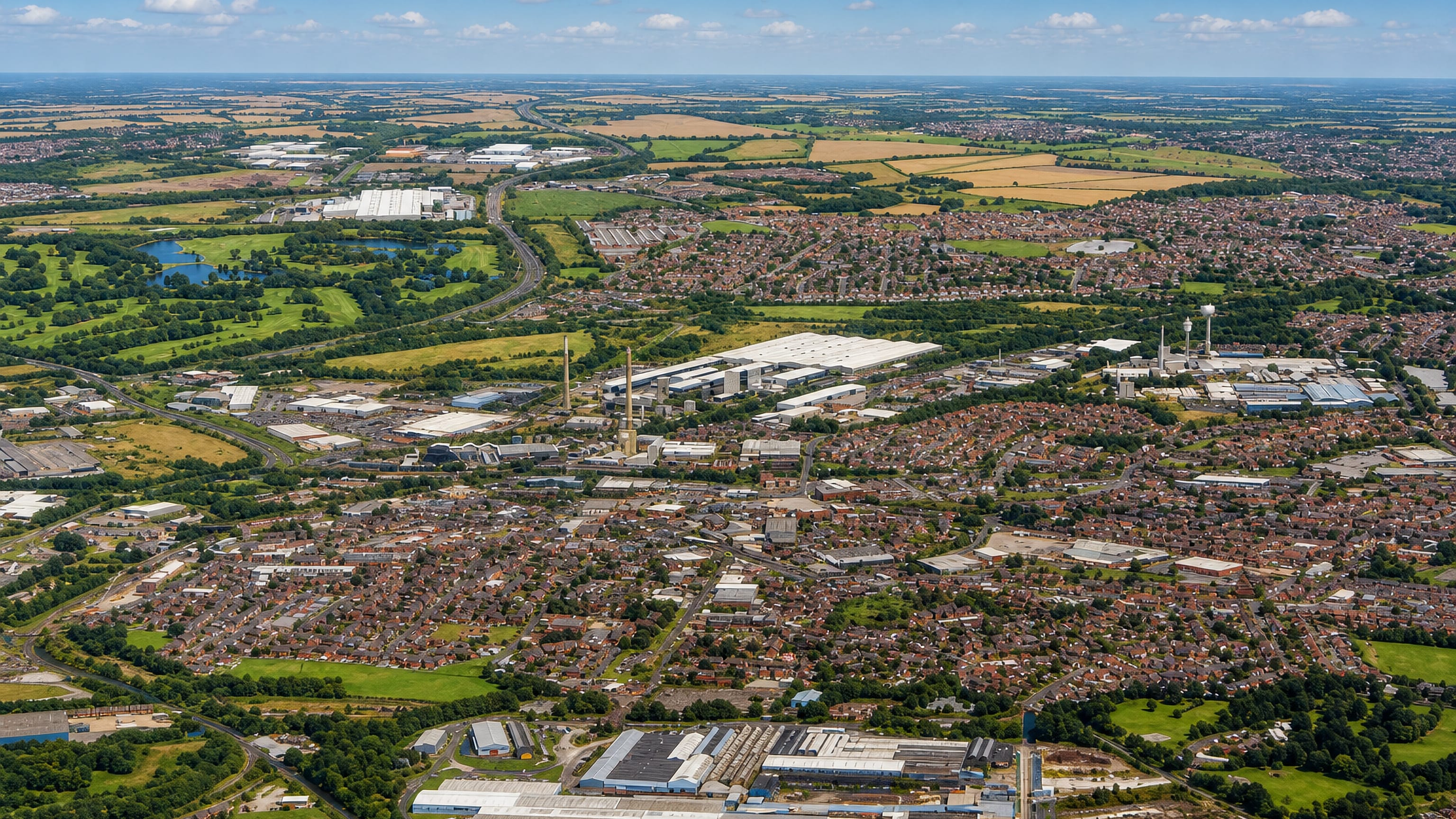 Aerial view over St Helens, England, showing terraced streets, industrial works and surrounding farmland.