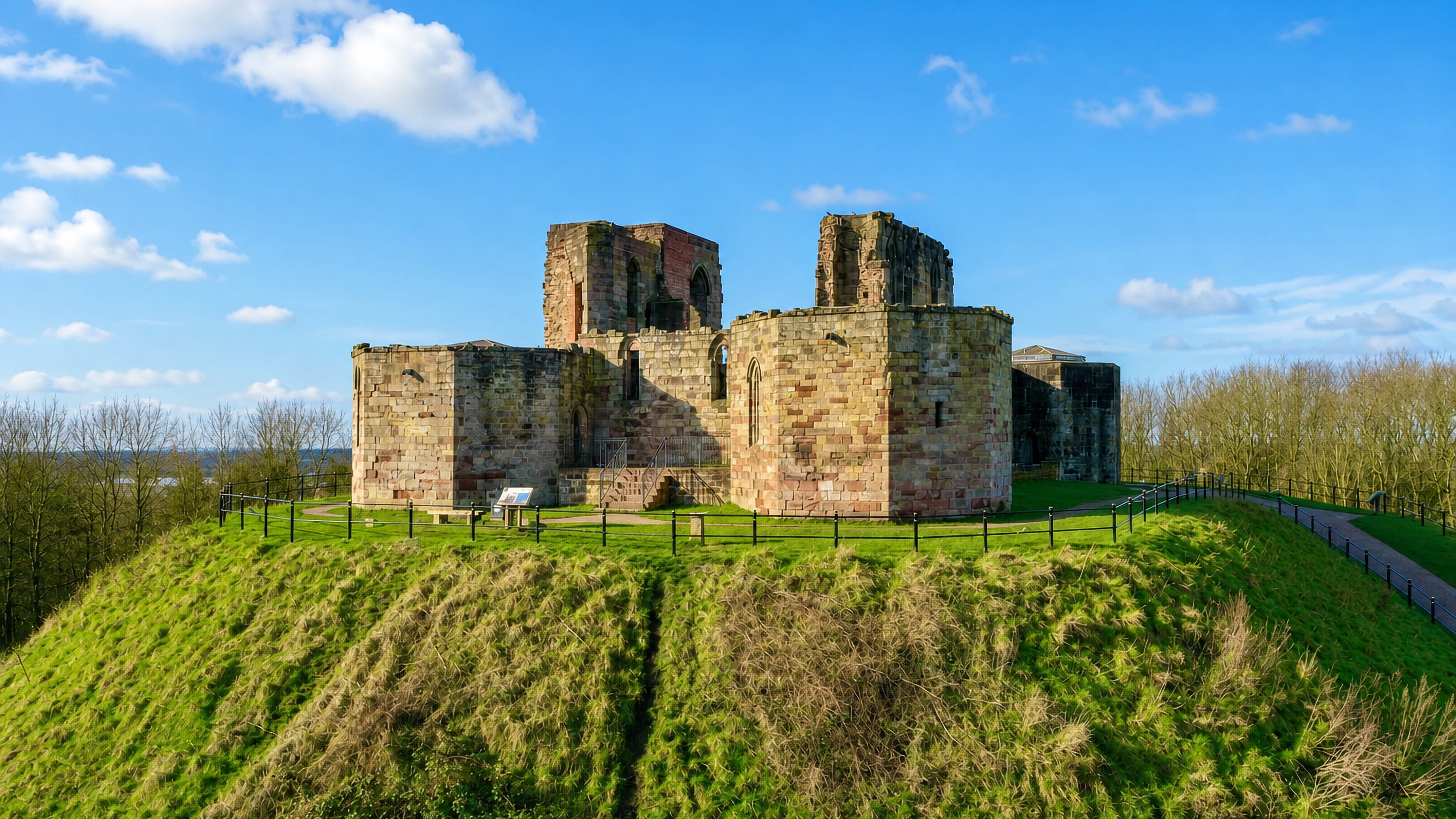 Ruined sandstone keep of Stafford Castle on its grassy motte above Stafford, England, under a blue sky.