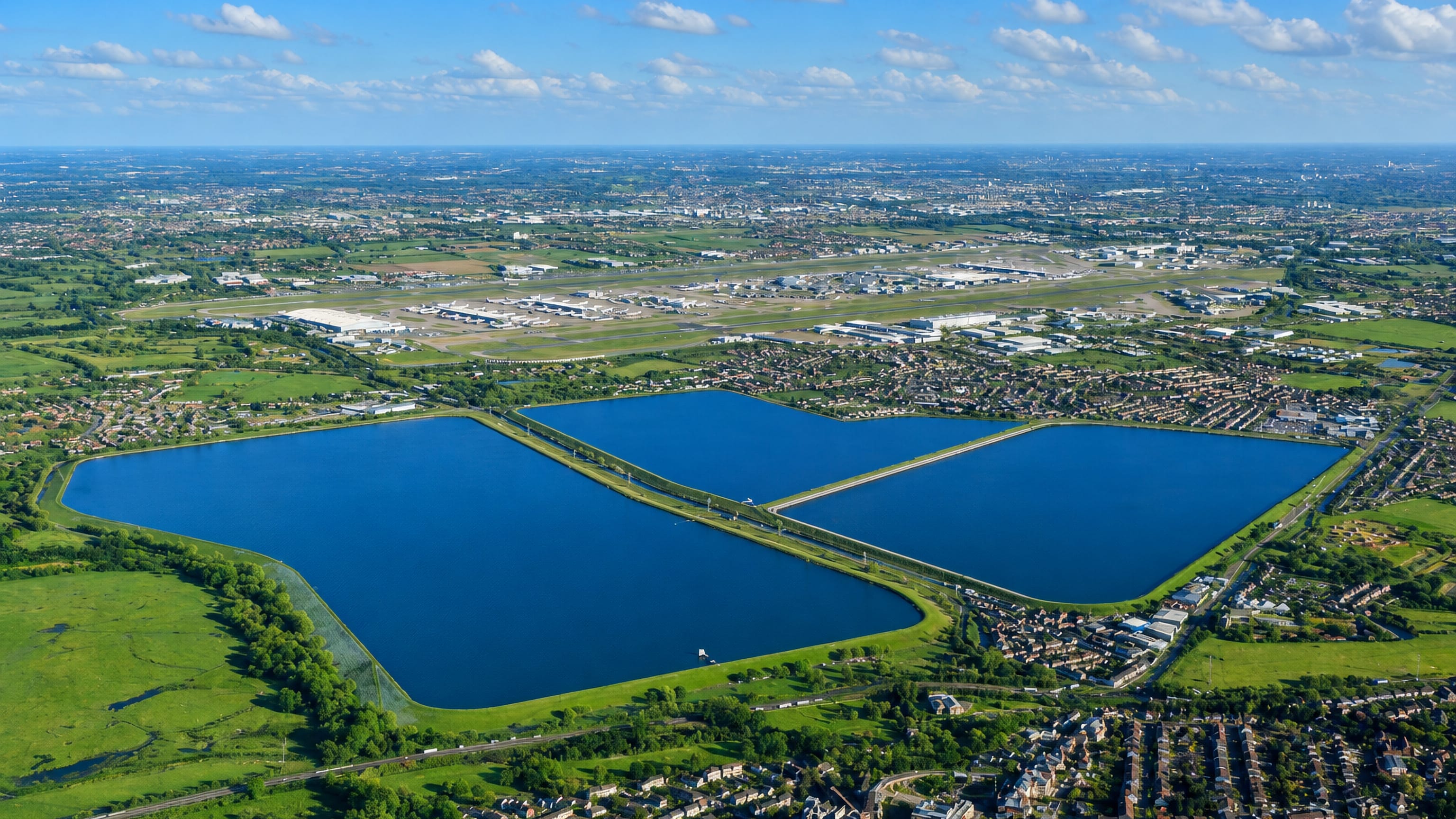 Aerial view over the Staines reservoirs and rooftops of Staines-upon-Thames, with Heathrow Airport on the horizon.