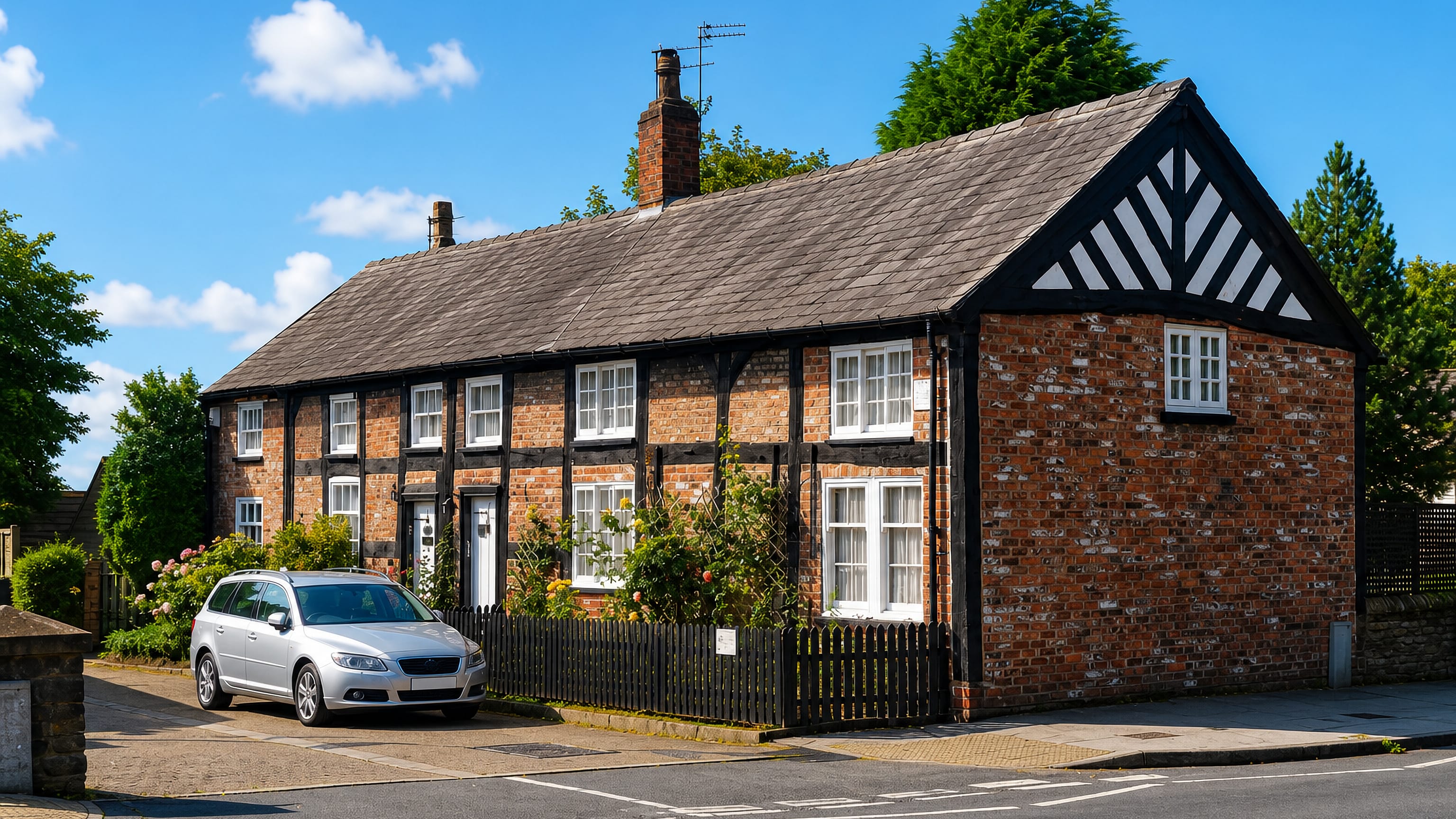 Brick and half-timbered cottages on a quiet village corner in Heaton Mersey, Stockport.
