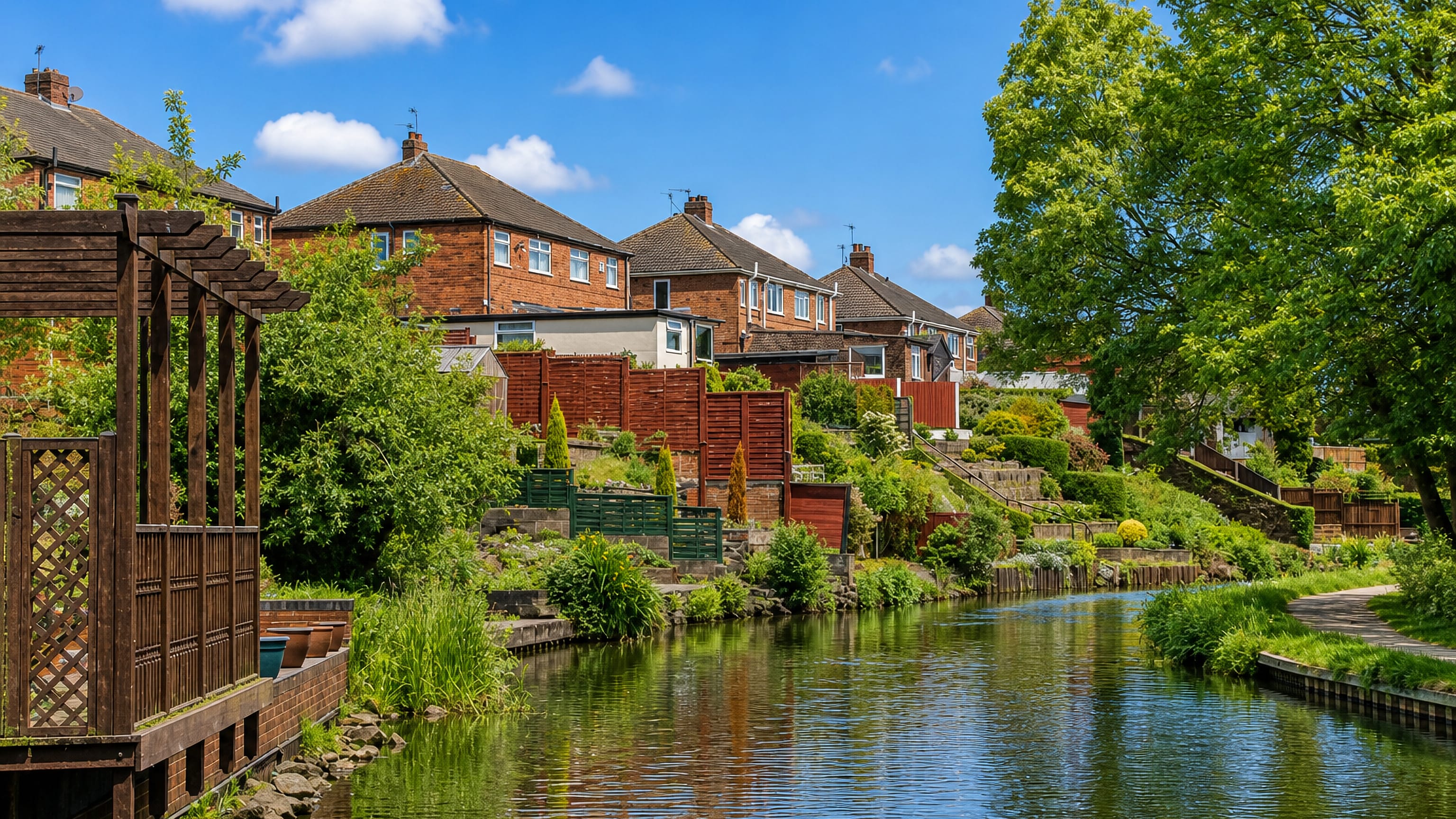 Brick semi-detached houses and terraced gardens lining the Caldon Canal at Baddeley Green, Stoke-on-Trent