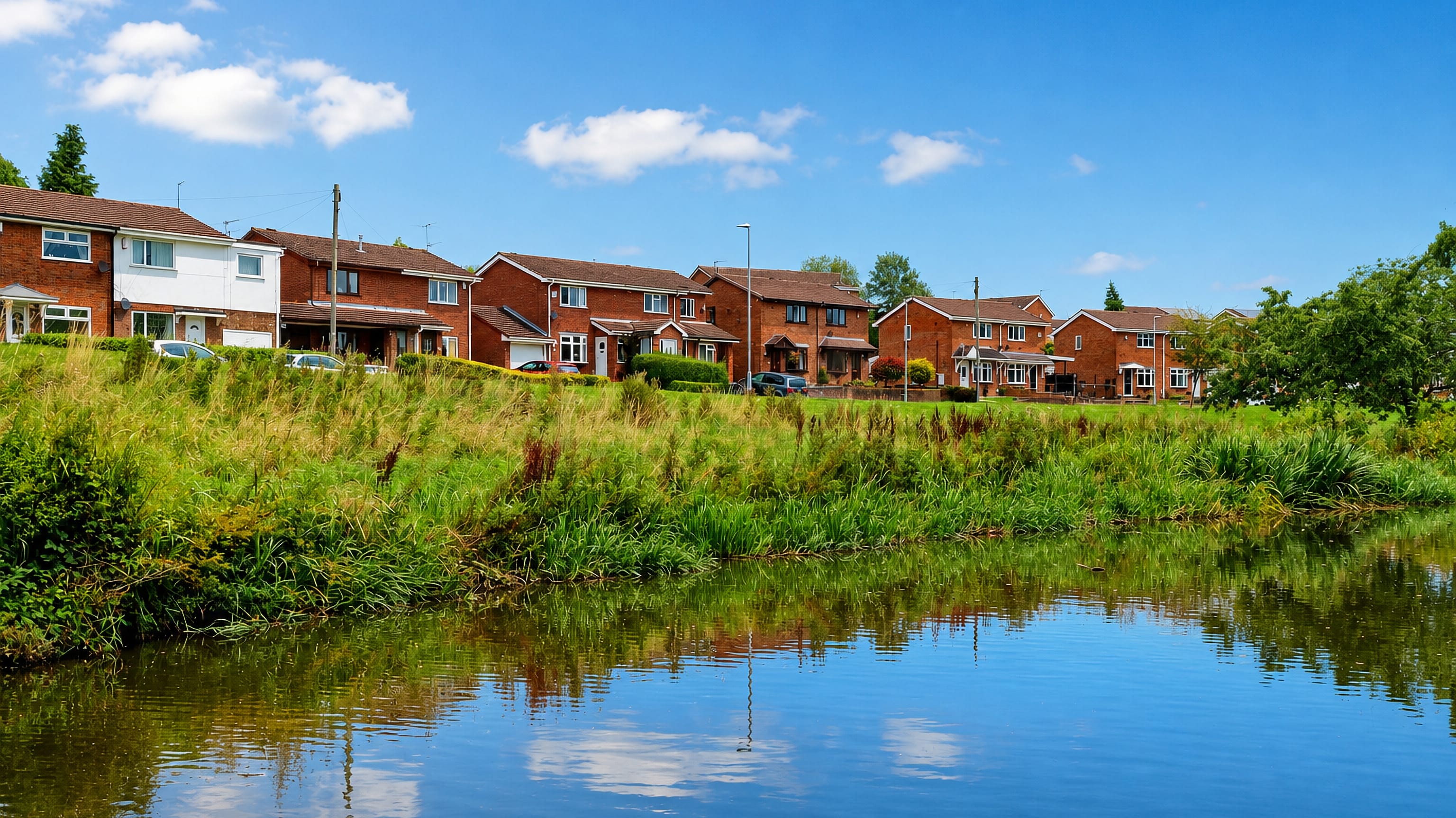 Brick houses on a grassy rise above the canal at Birches Head, Stoke-on-Trent, under blue sky.