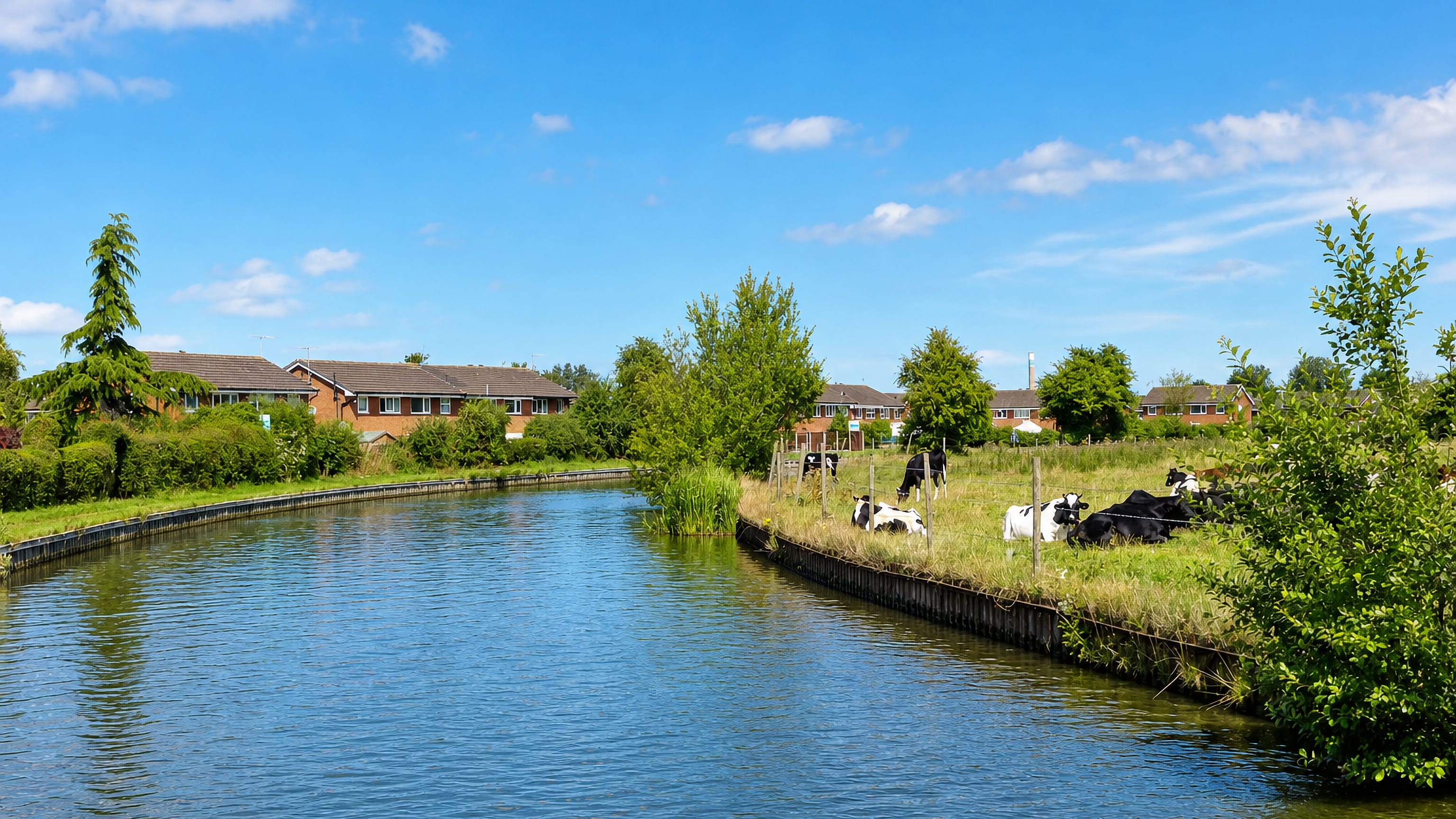 River channel at Hanford, Stoke-on-Trent, with cattle grazing on the bank and brick housing beyond.