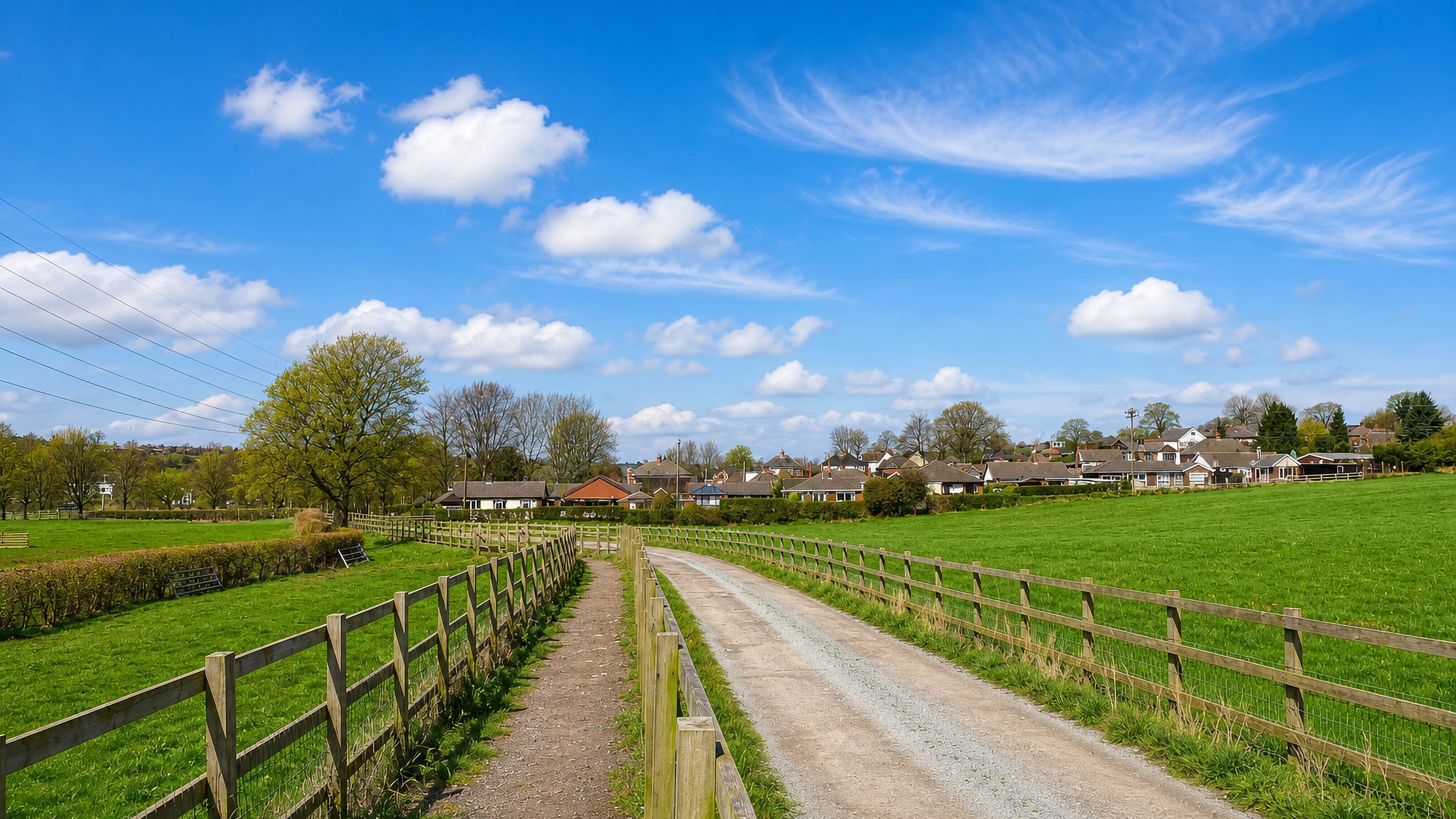 Fenced farm track leading to the edge of Norton Green, Stoke-on-Trent, with pasture and bungalows beyond.