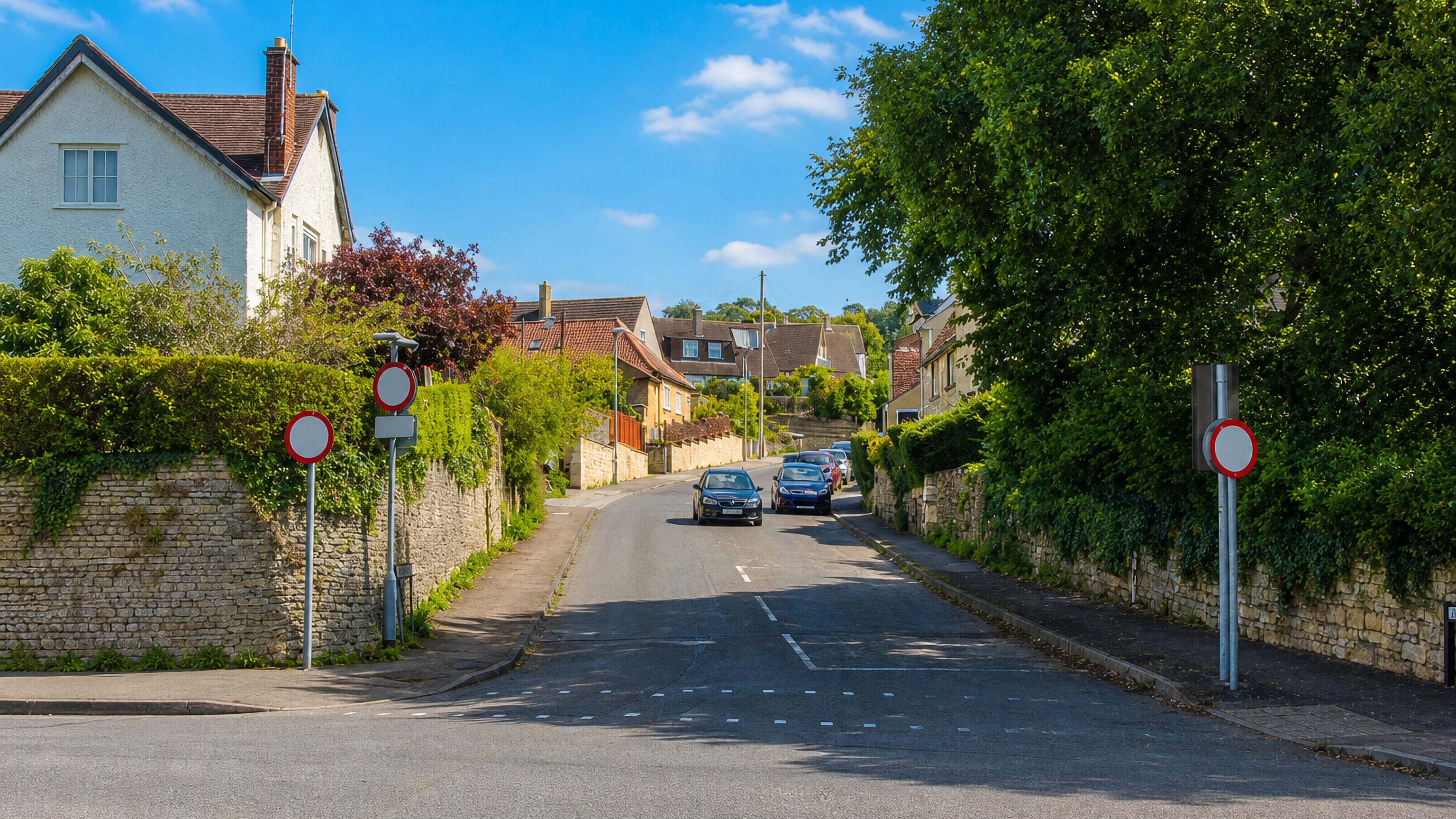 Cotswold stone walls and hillside houses along a sloping road in Bowbridge, Stroud.