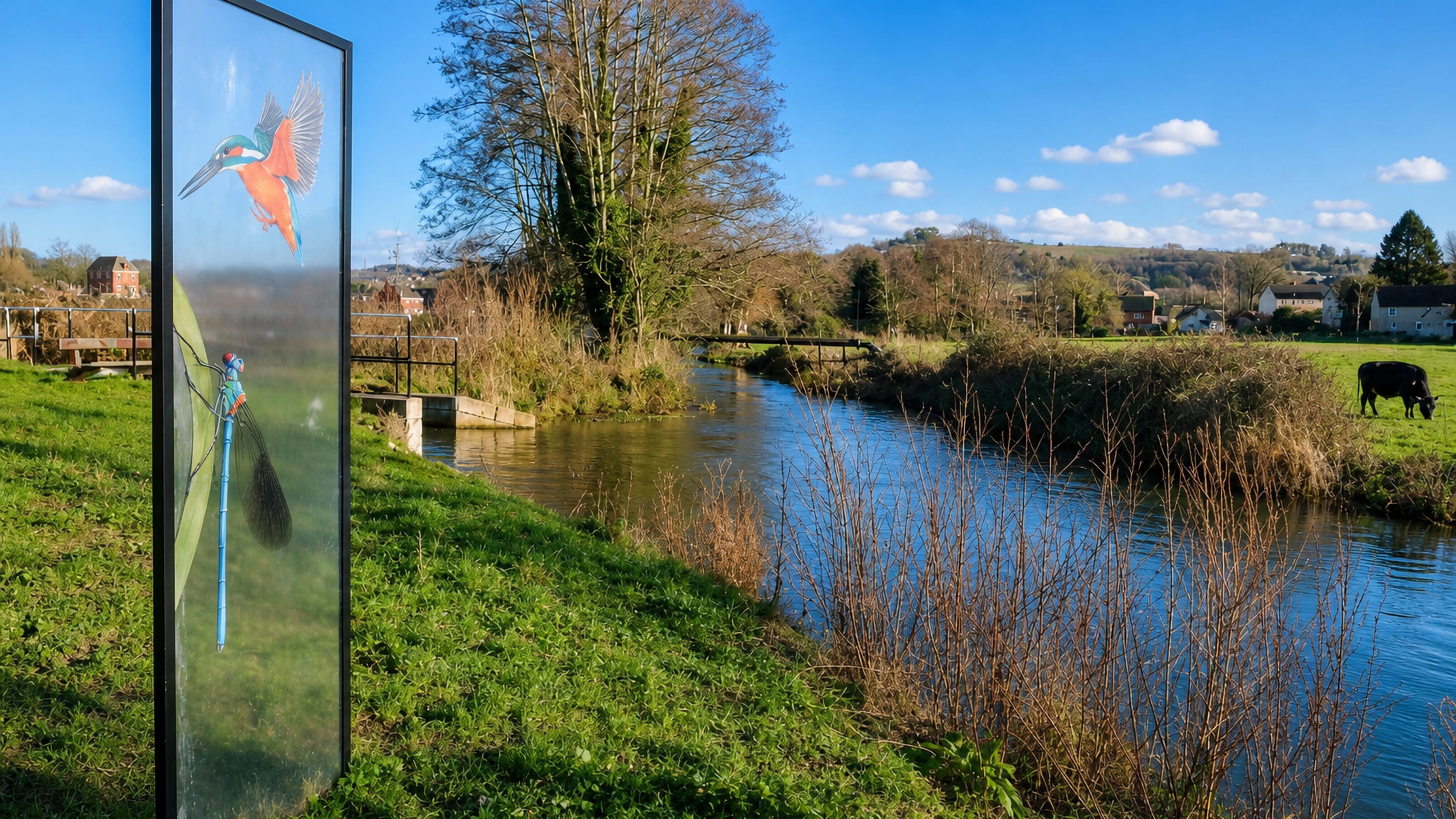 River and grazing meadows beside a wildlife information panel at Cainscross, Stroud