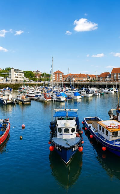 Colourful fishing boats moored in a Sunderland harbour marina with houses along the quay.