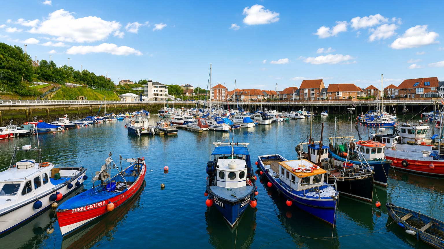 Colourful fishing boats moored in a Sunderland harbour marina with houses along the quay.