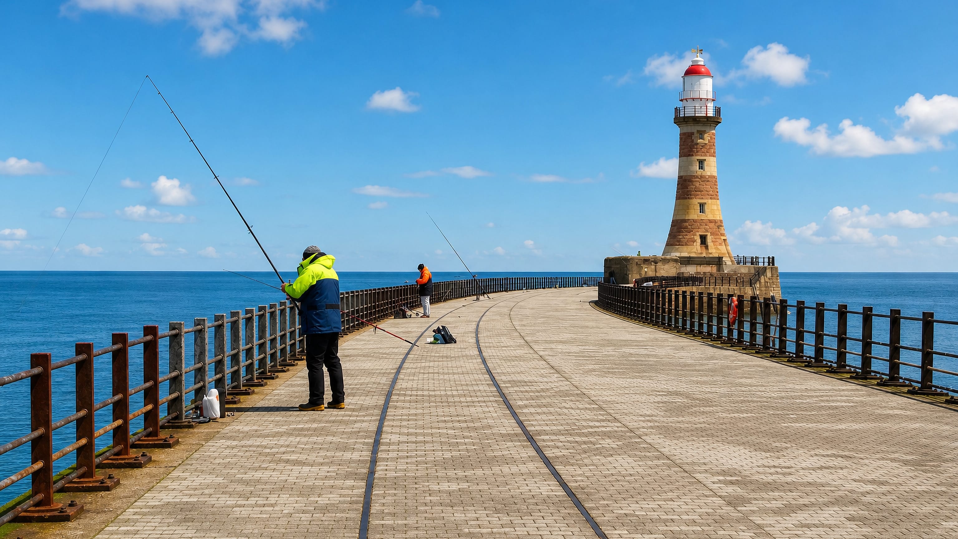 Roker Pier's stone walkway leading to the red-and-white Roker Lighthouse on Sunderland's North Sea coast