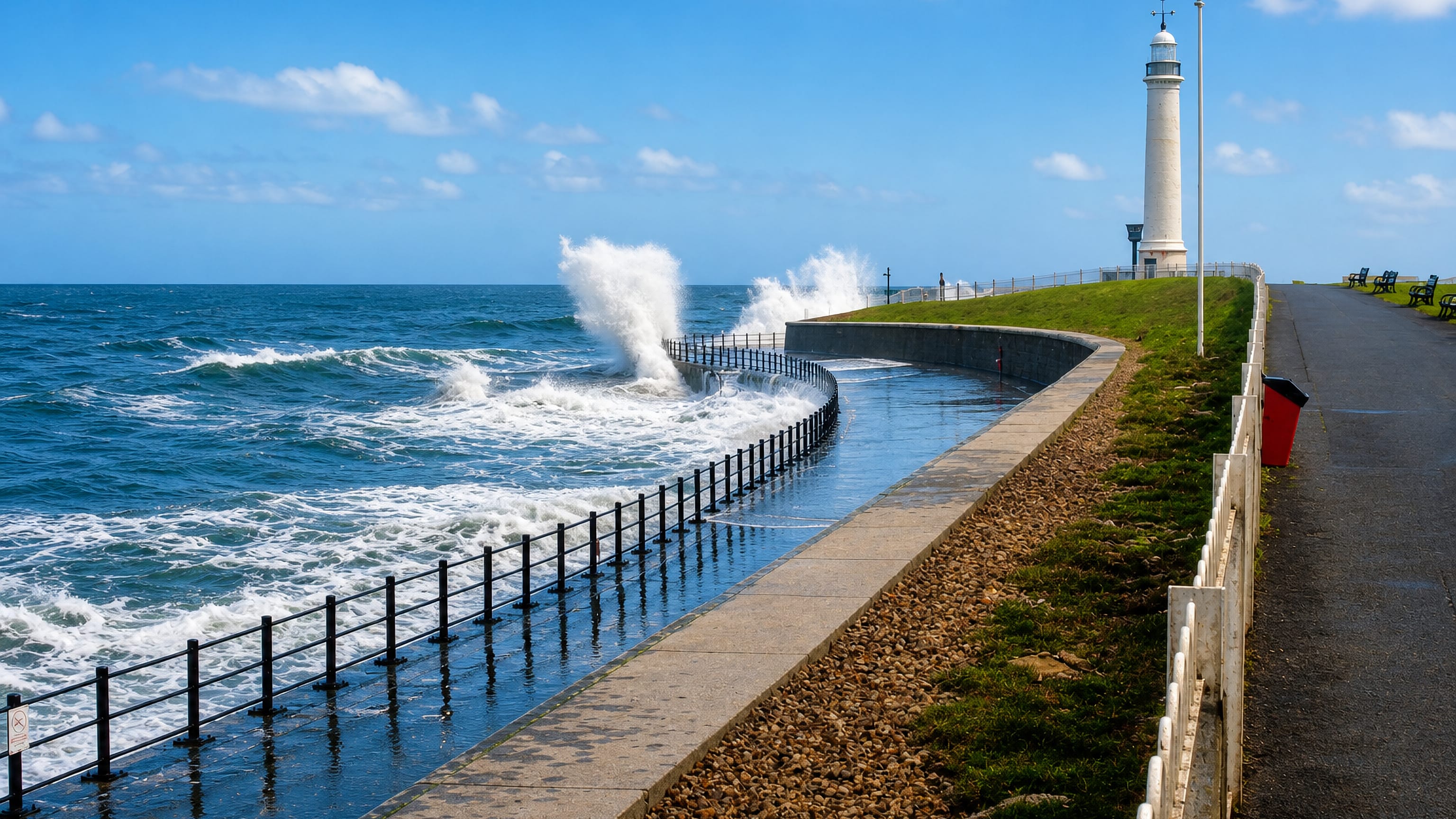 Waves breaking over the sea wall along Seaburn's coastal promenade in Sunderland, with a white lighthouse ahead.