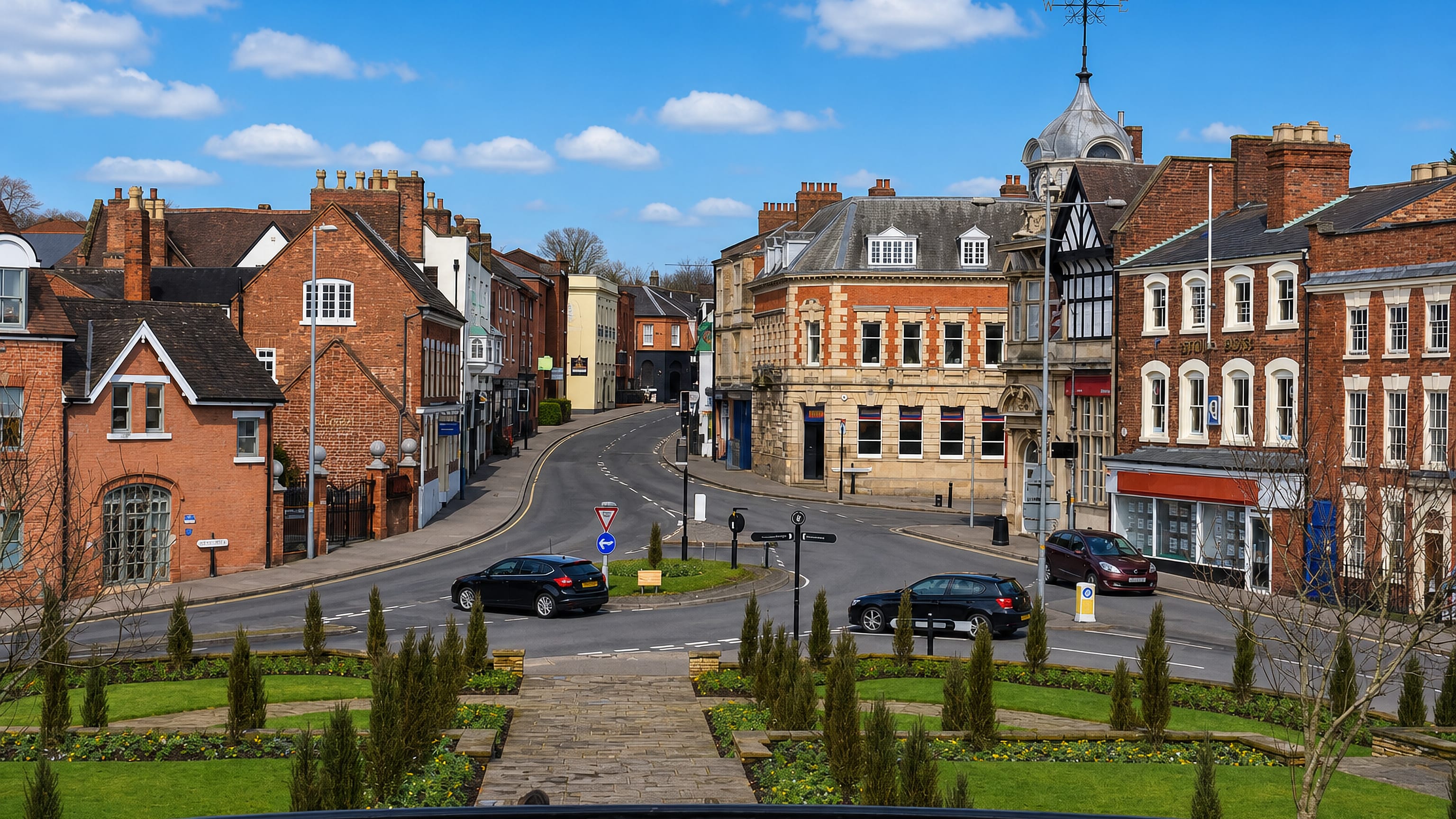 Brick and mock-Tudor shopfronts around a quiet street corner in Sutton Coldfield, England.