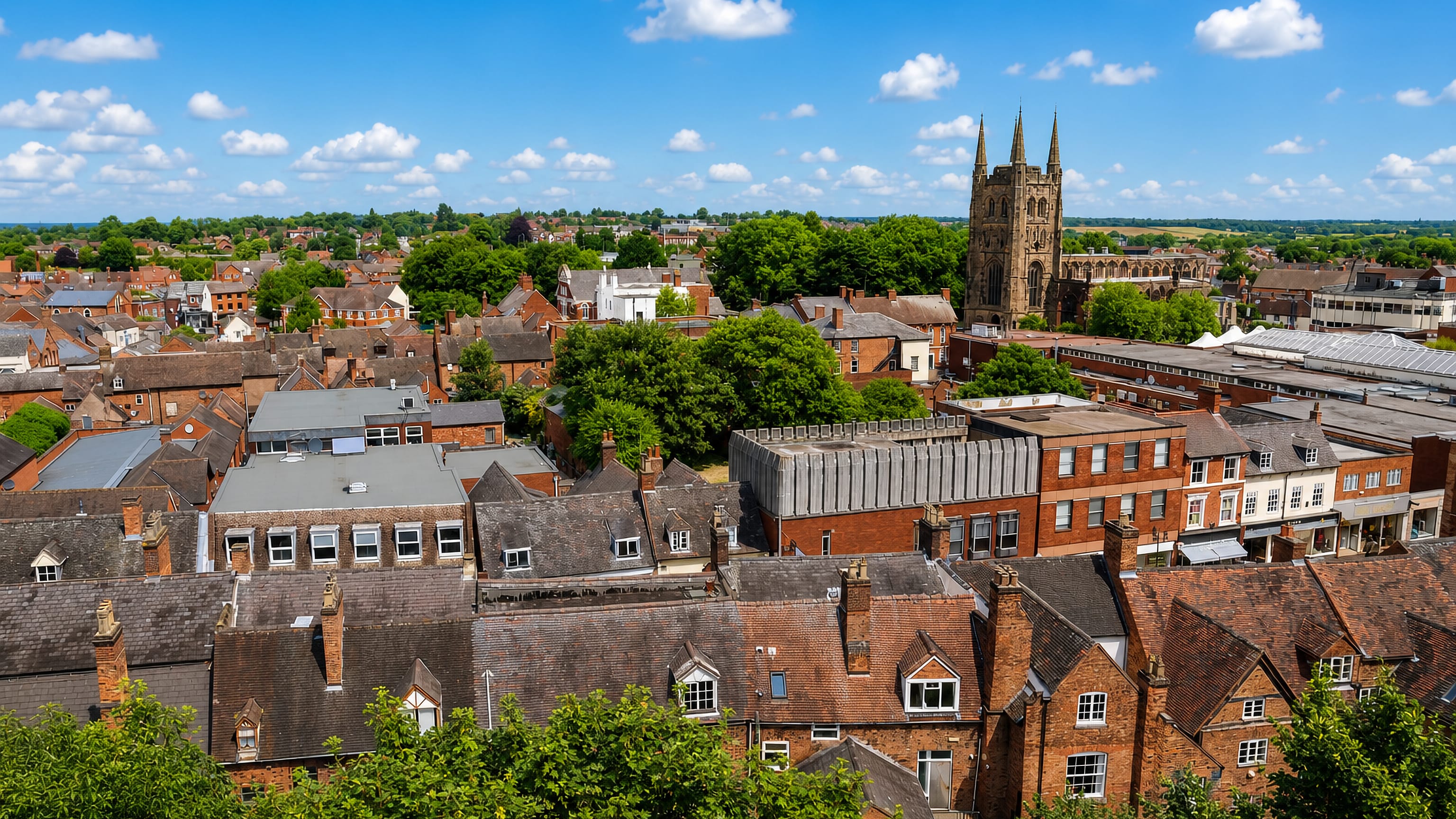 Red-brick rooftops of Tamworth, England, with the pinnacled church tower rising above the town centre.