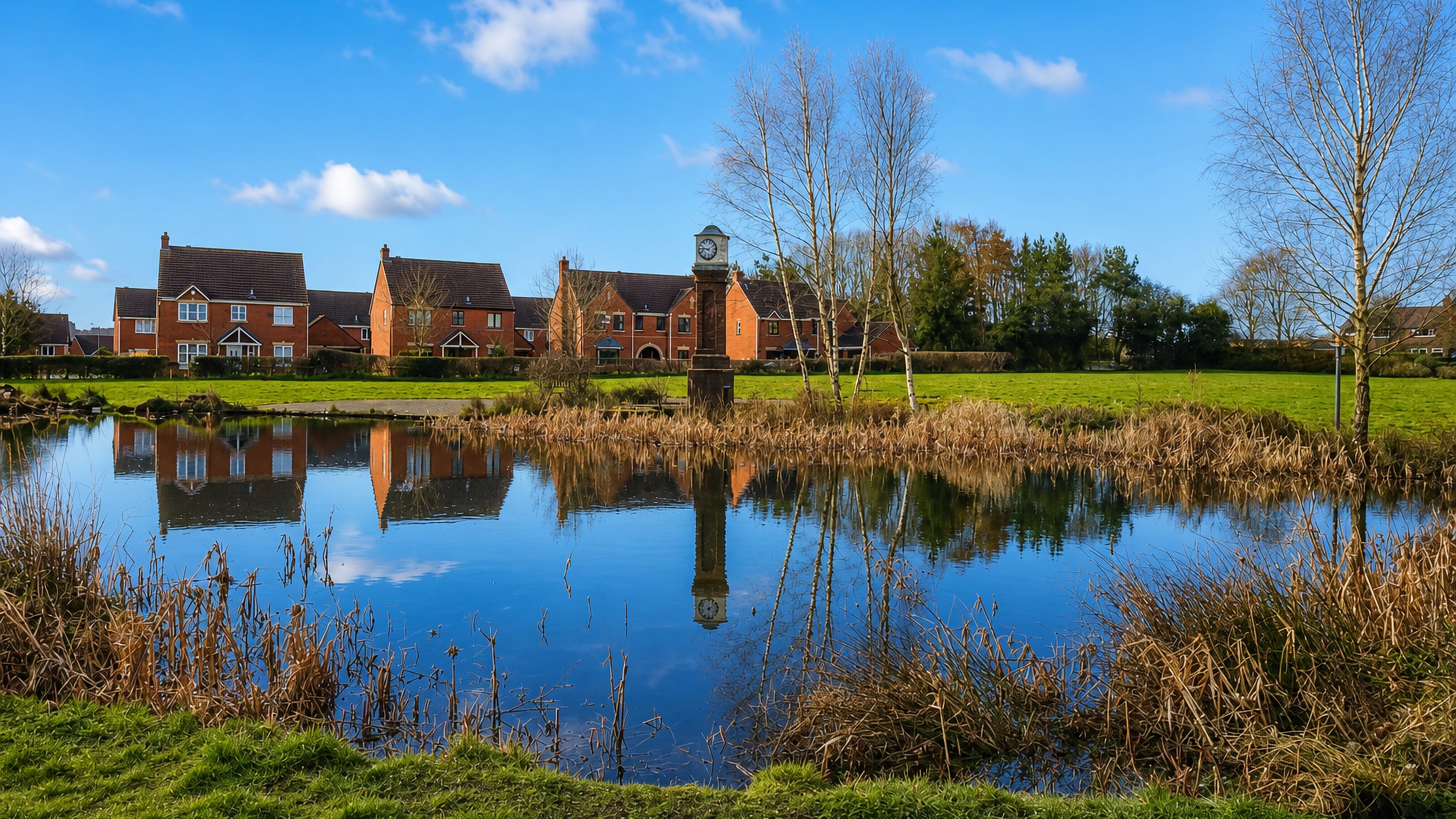 Red-brick houses and a clock tower reflected in the village pond at Lawley, Telford, under a bright winter sky.