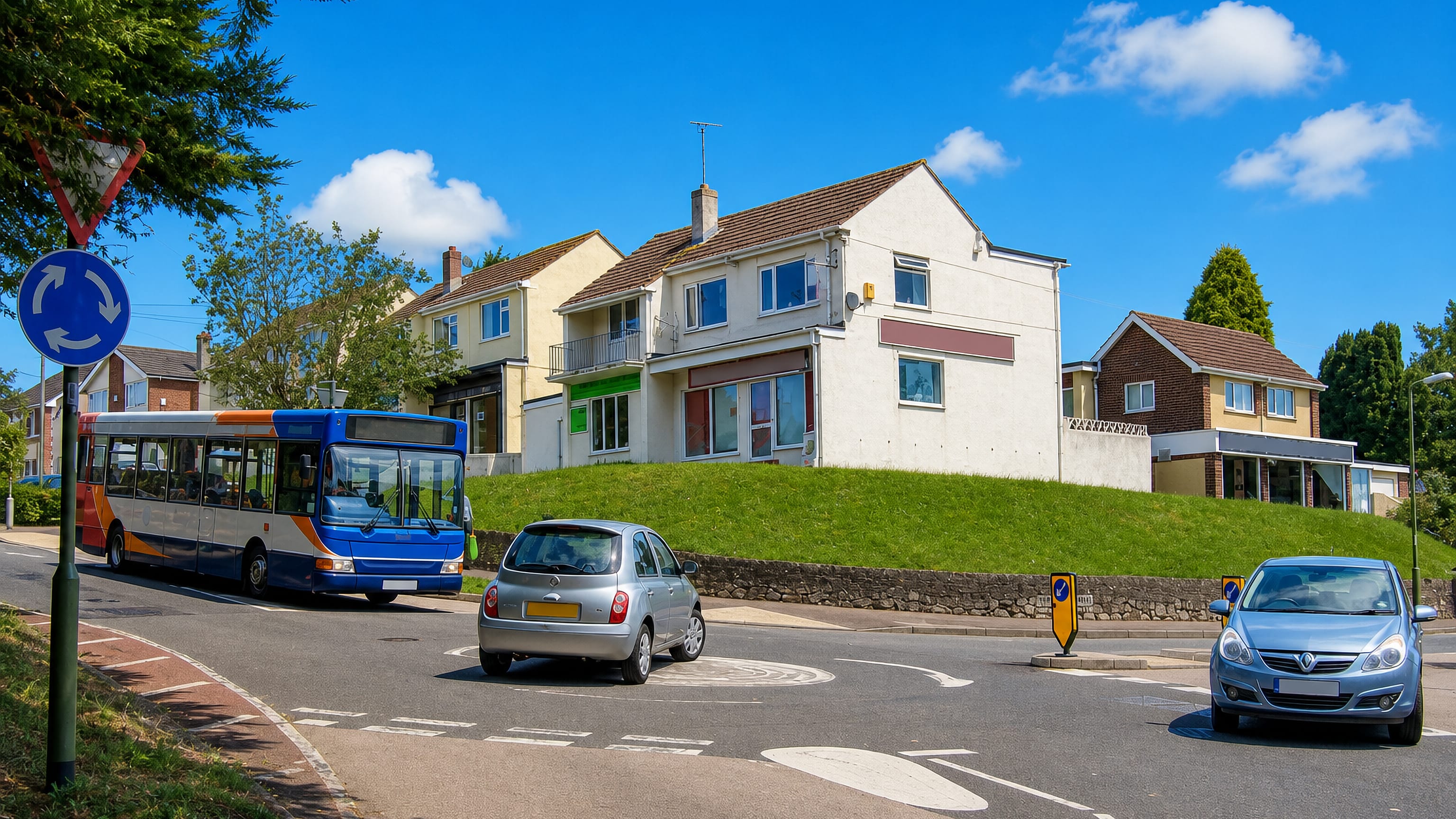 Mini-roundabout in Shiphay, Torquay, with a local bus, a parade of shops on a grassy bank and houses.