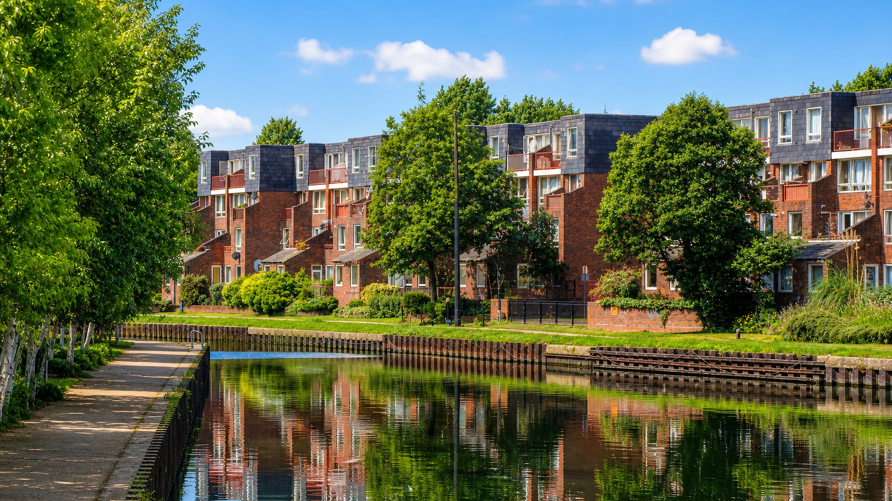 Brick terraced housing lining the River Lea towpath at Tottenham Hale in north London.