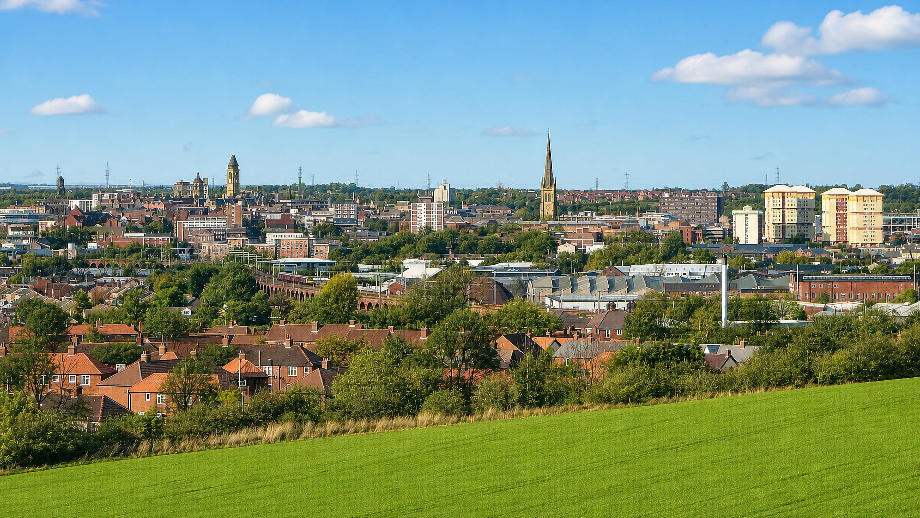 Wakefield Cathedral spire and town hall tower above red-brick terraces and a rail viaduct in Wakefield, England