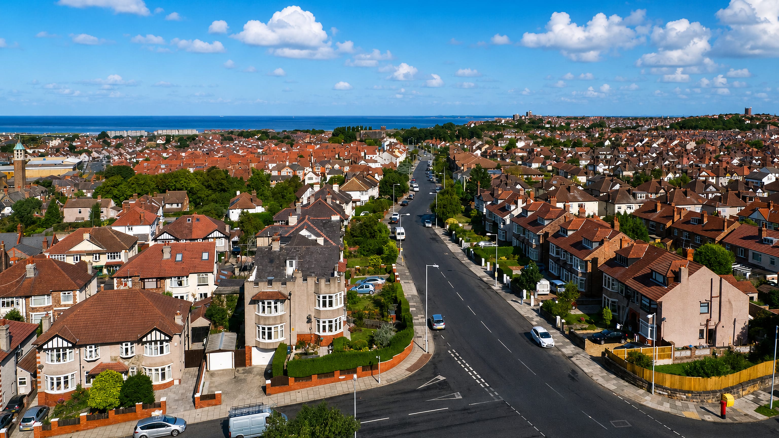 Aerial view over Wallasey's red-brick semi-detached streets on the Wirral, with the Irish Sea on the horizon.