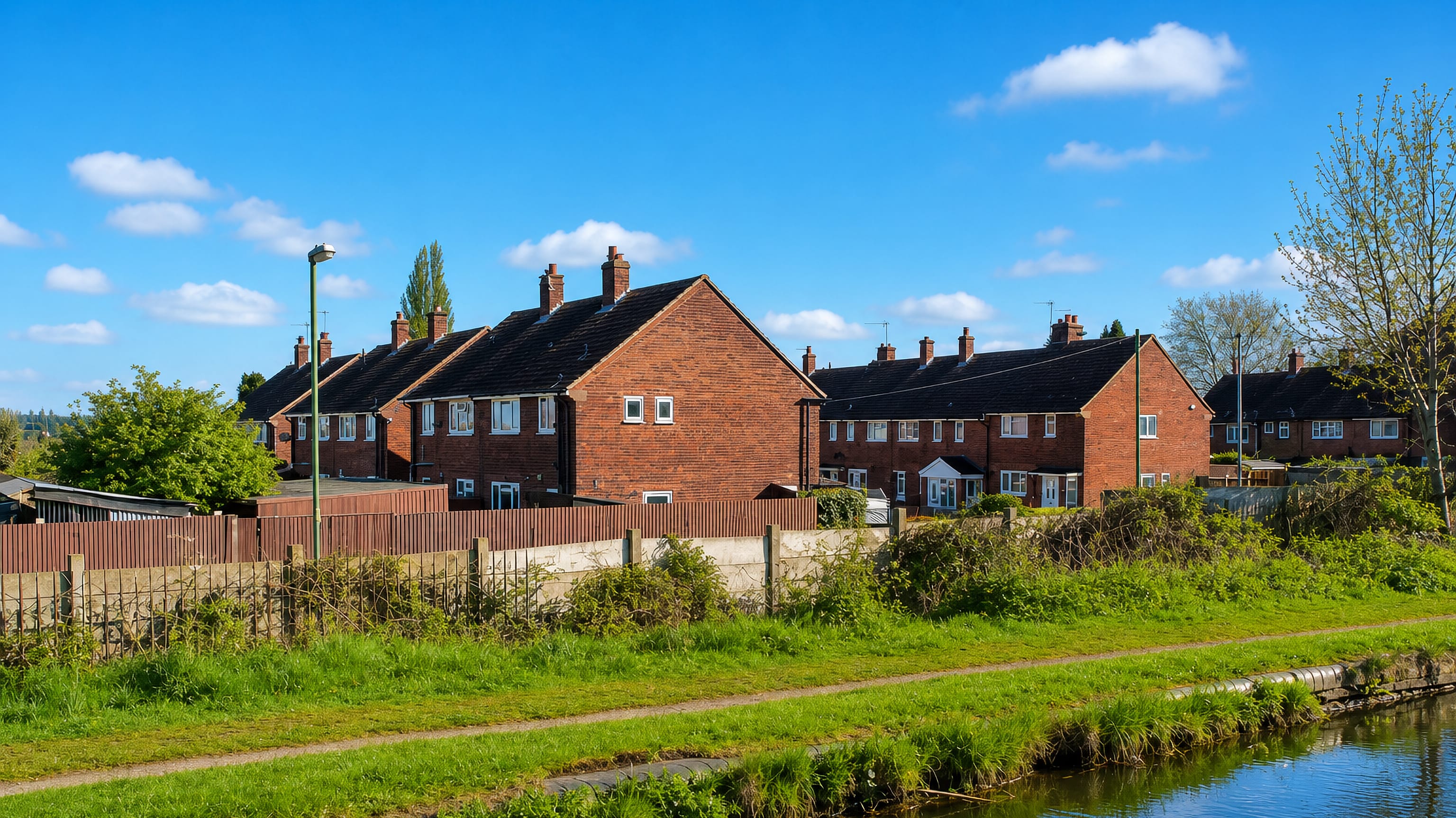 Red-brick houses backing onto a canal towpath in Goscote, Walsall, on a clear spring day.