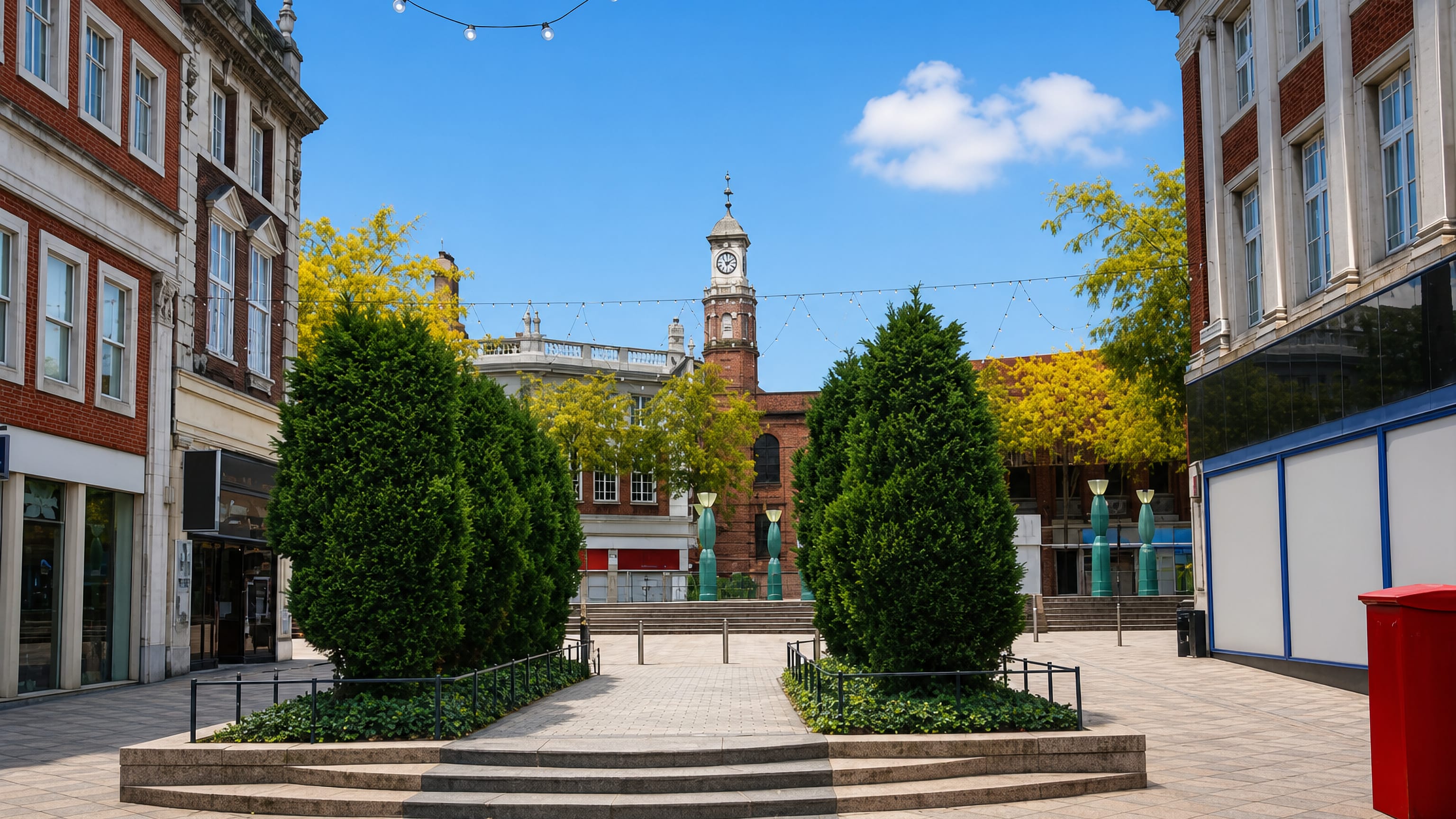Warrington's pedestrianised town-centre square, with clipped trees and a red-brick church clock tower beyond.