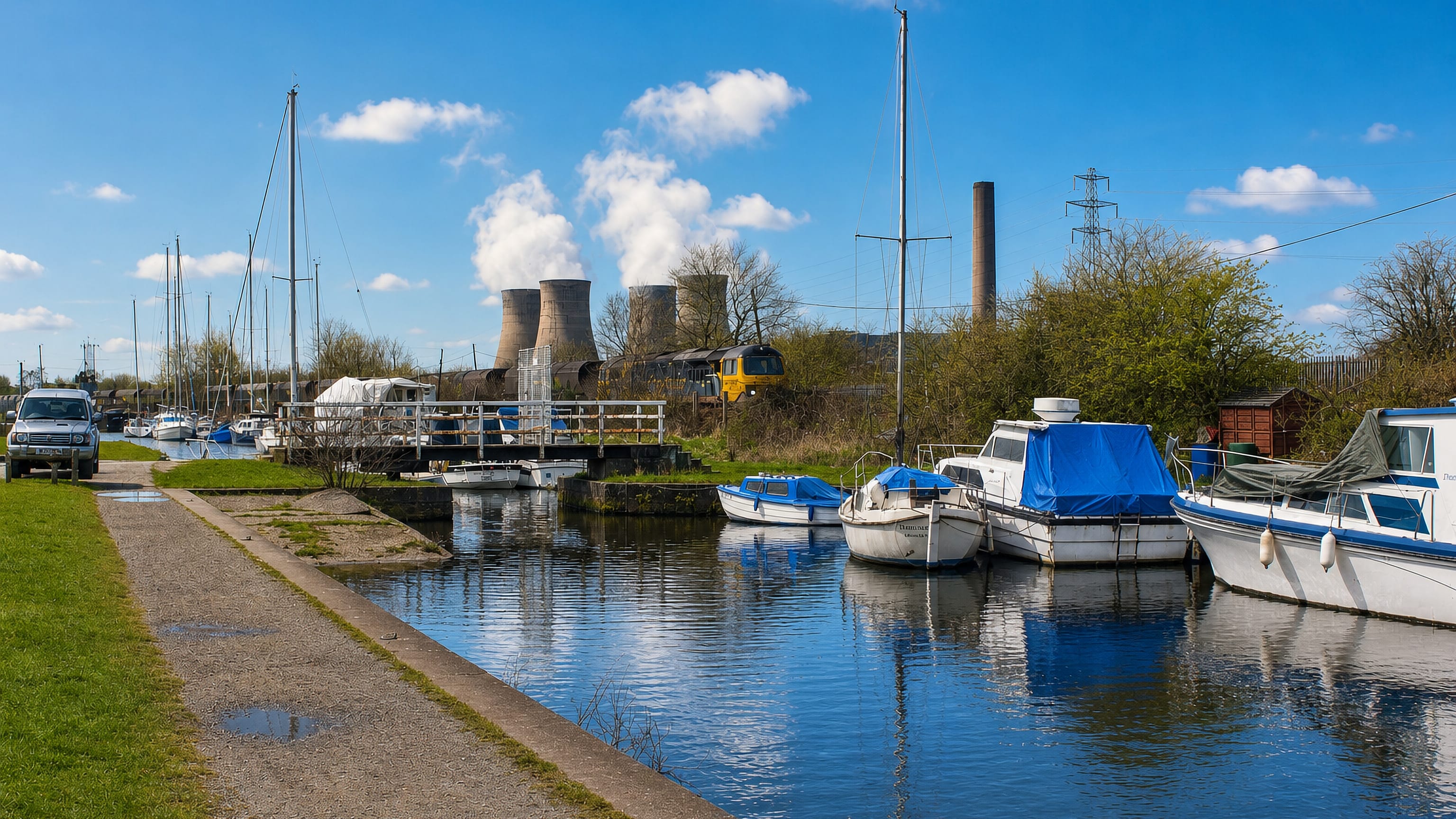 Boats moored on the Sankey Canal with power-station cooling towers behind at Penketh, Warrington.