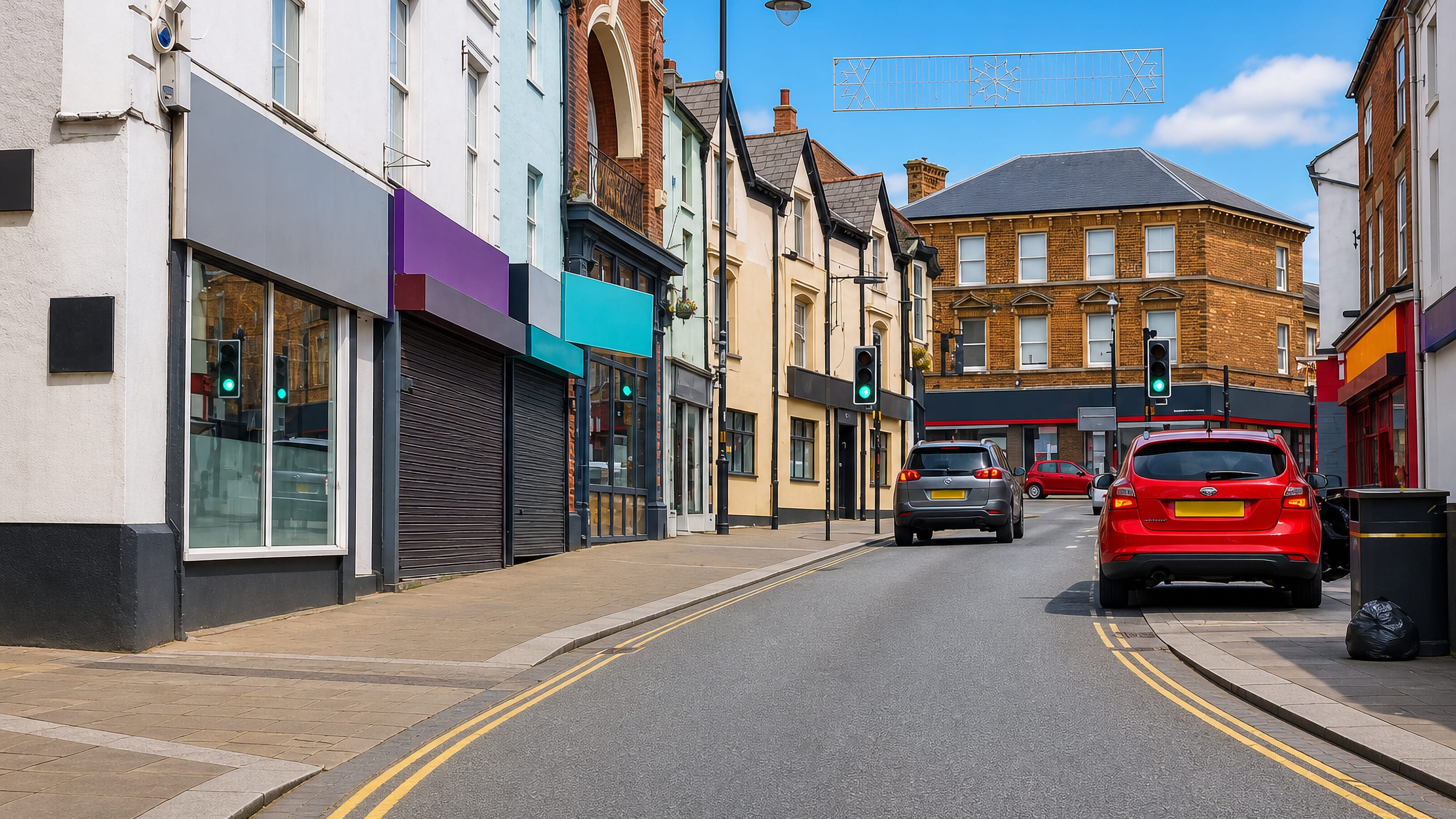 Shopfronts and a red-brick Victorian corner building along a town-centre street in Wellingborough, England