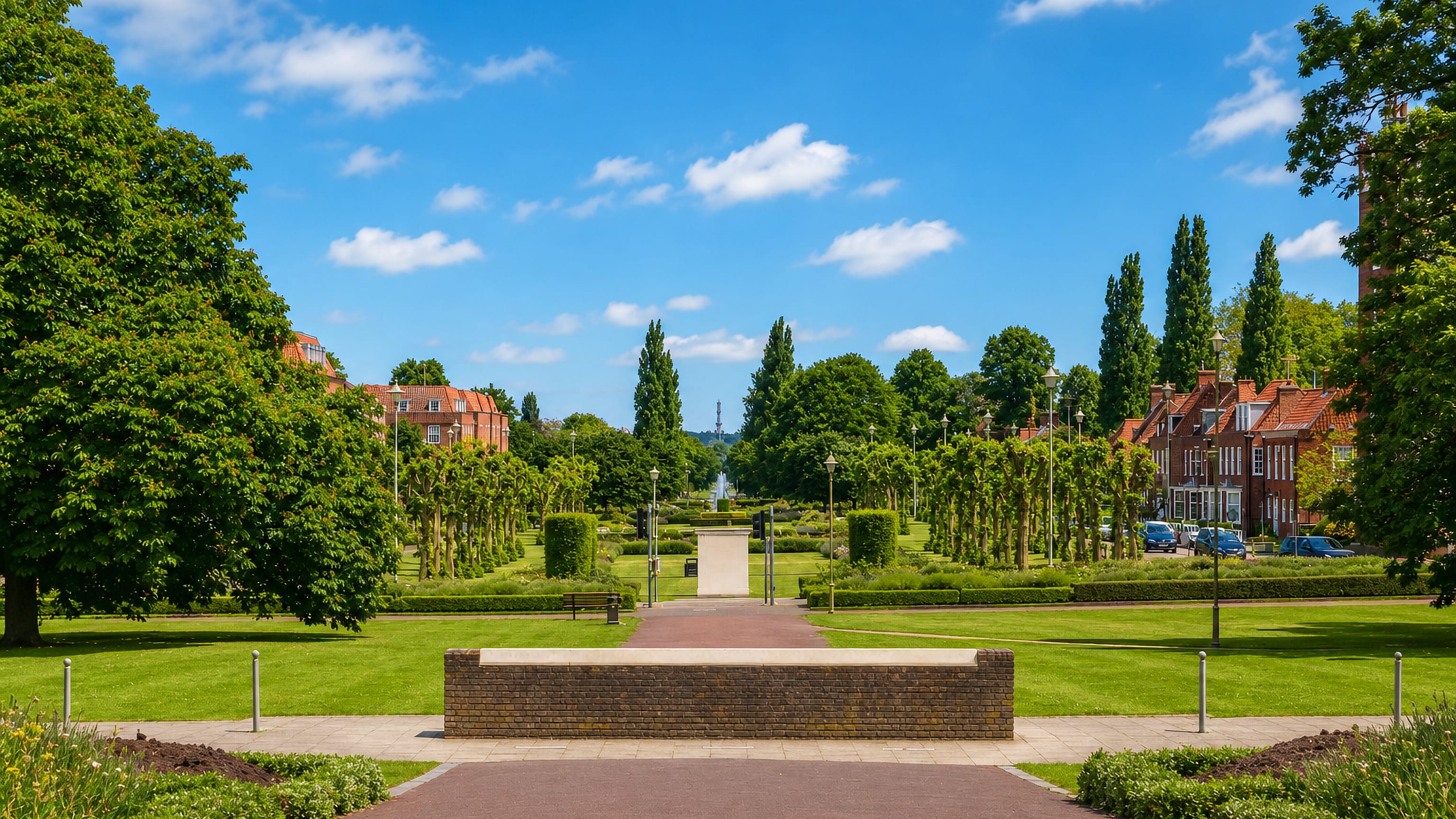 Formal gardens and fountain vista along Parkway in Welwyn Garden City, Hertfordshire, England.